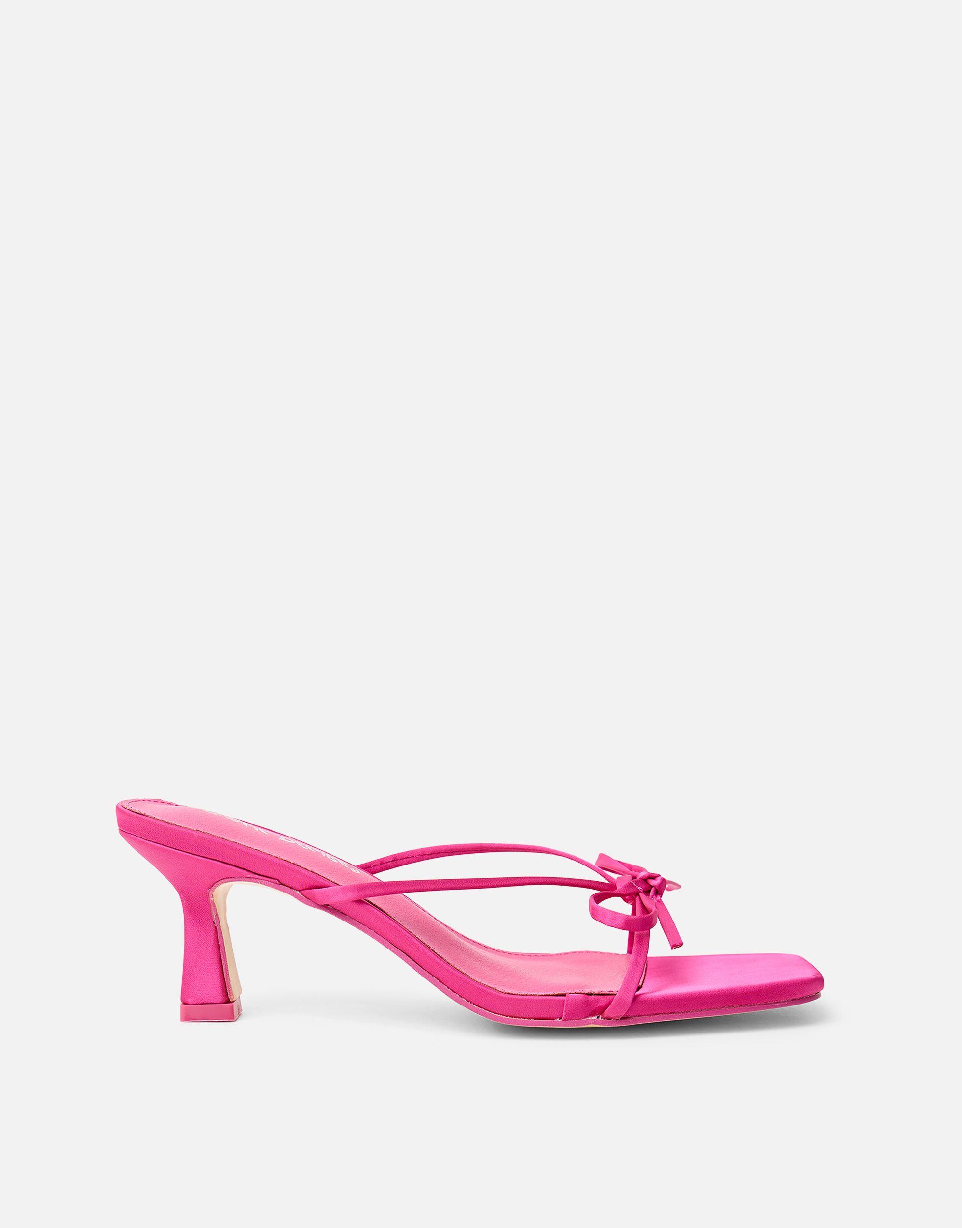 Cindy Hot Pink Satin Barely There Strap Bow Mid Heel Mules by PUBLIC DESIRE