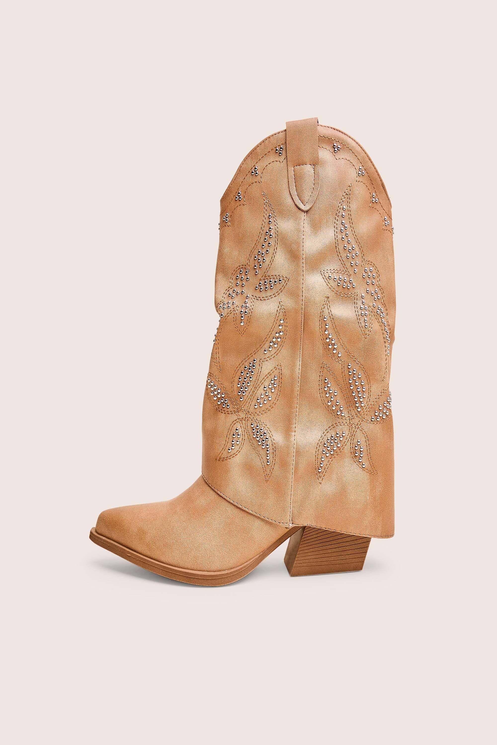Dixie Tan Fold Over Studded Western Ankle Boots by PUBLIC DESIRE