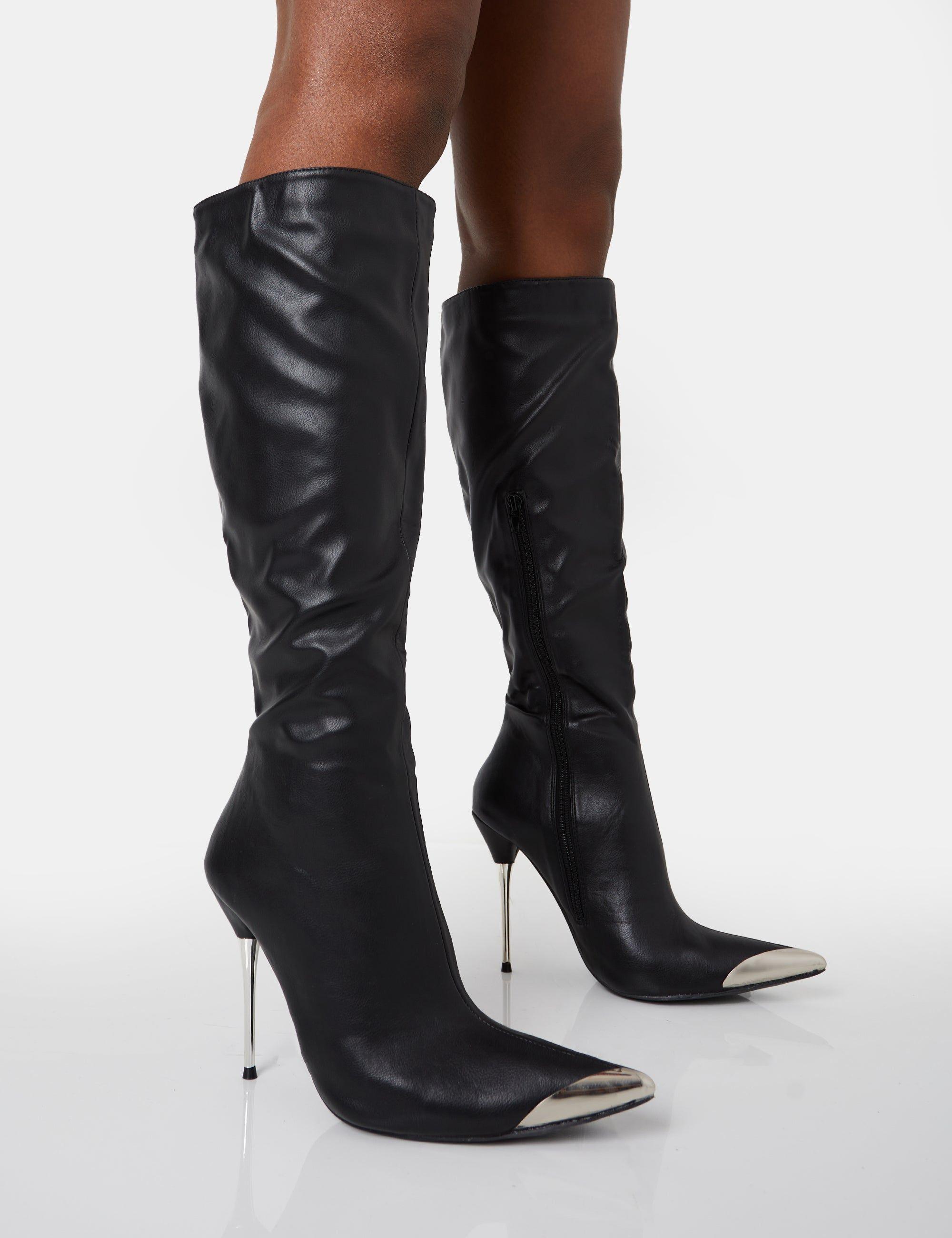 Finery Black Pu Metal Toe Capped Zip Up Knee High Stiletto Boots by PUBLIC DESIRE