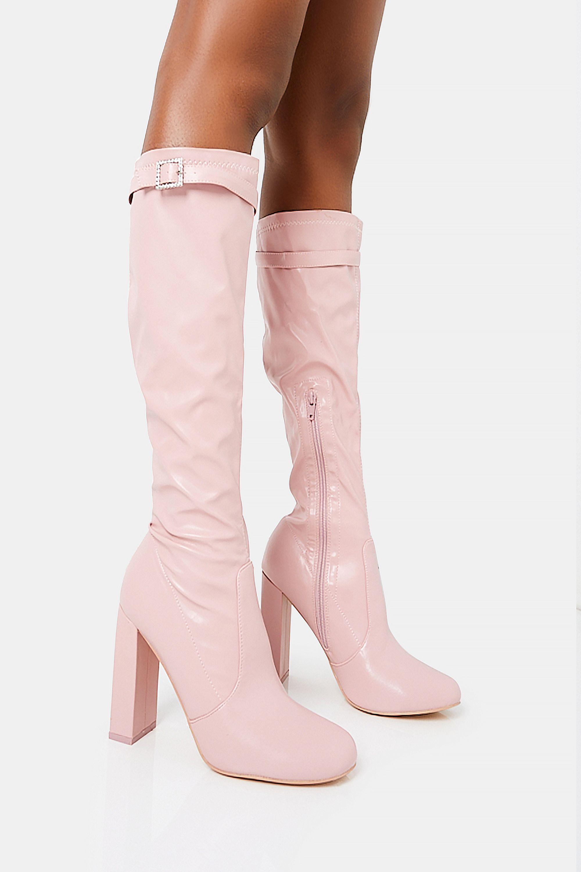 First Class Dusty Pink Buckle Strap Knee High Block Heeled Boots by PUBLIC DESIRE