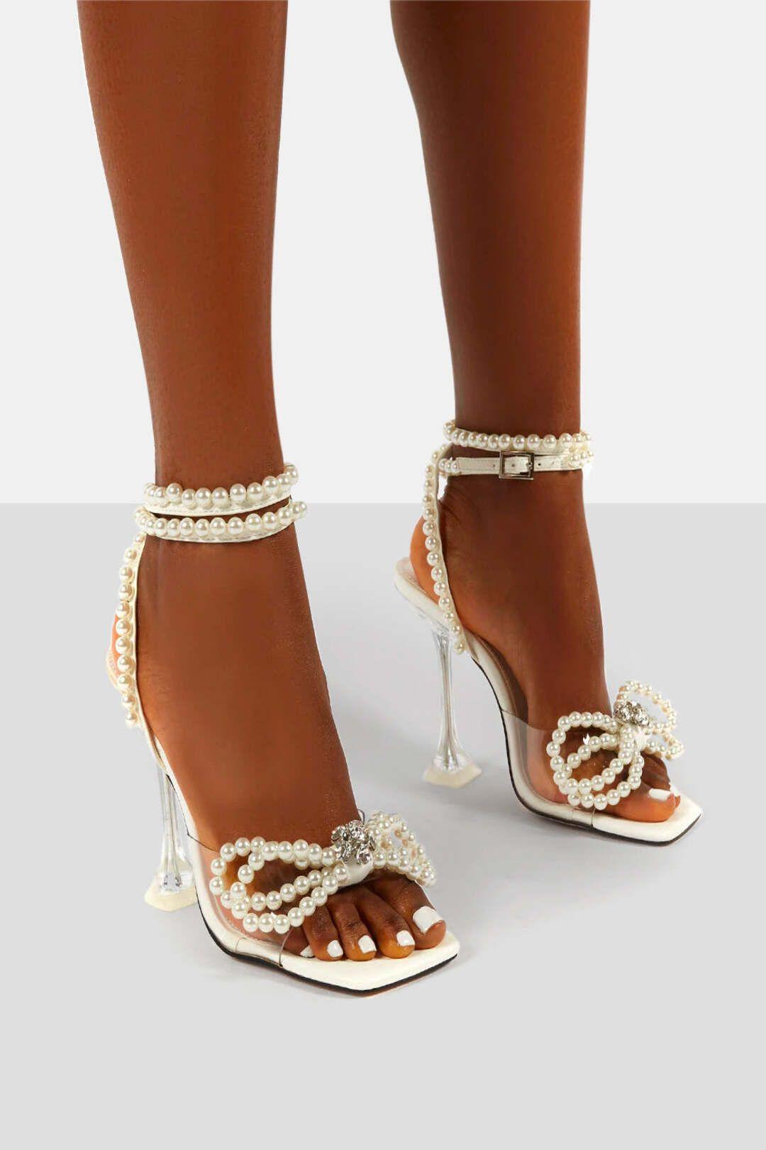 Glimmer White Wrap Around Pearl Detail Bow Square Toe Cake Stand Heels by PUBLIC DESIRE