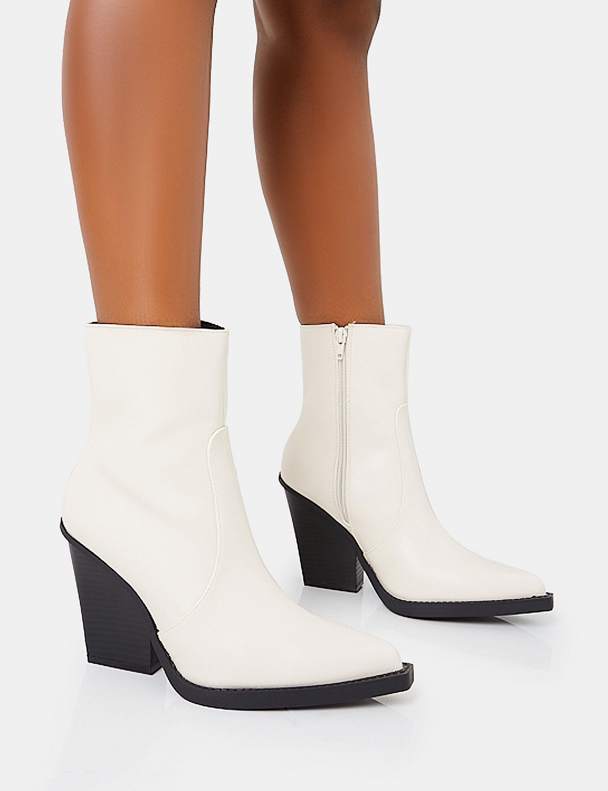 Jessie Wide Fit White Pu Western Pointed Toe Block Heeled Ankle Boots by PUBLIC DESIRE