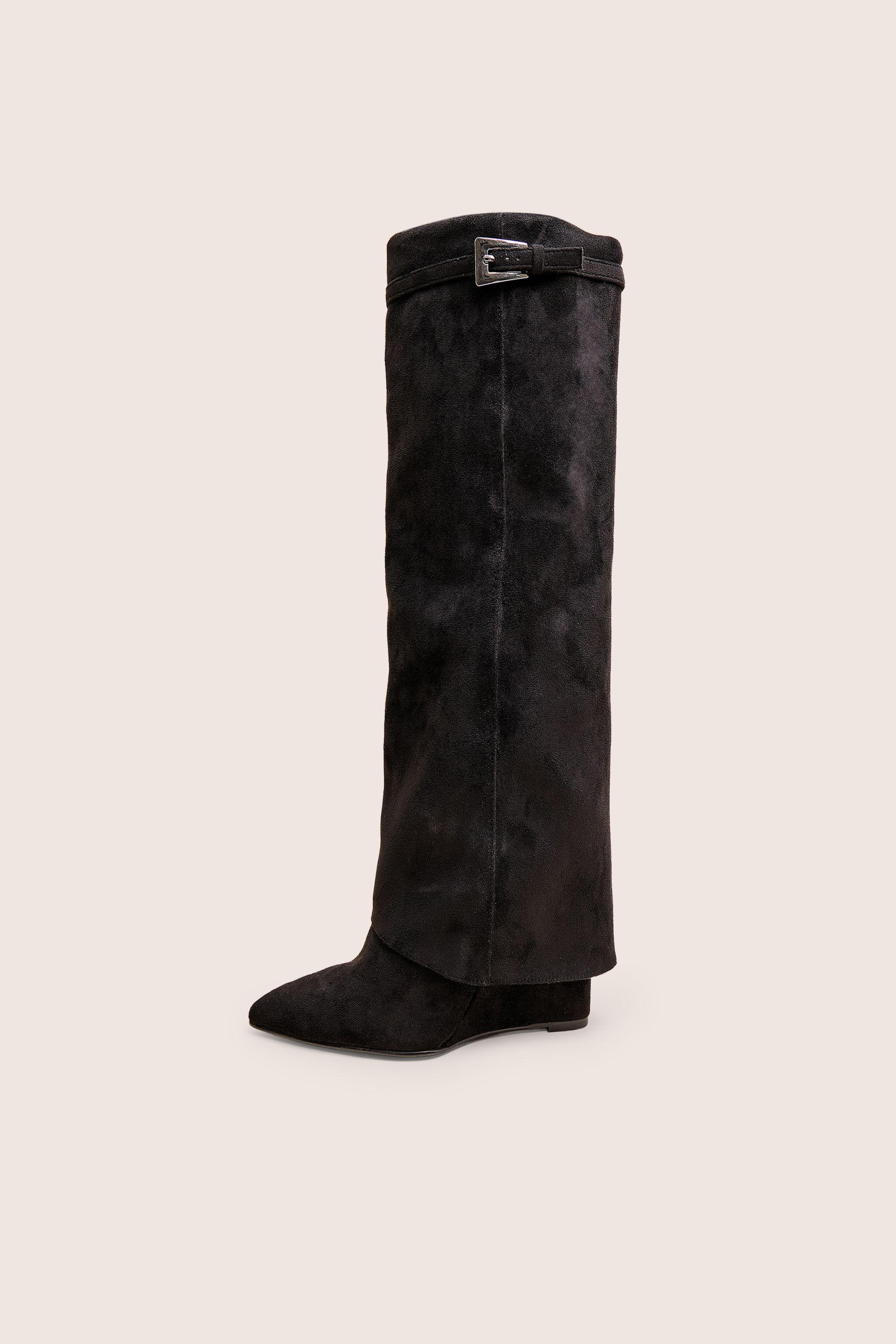 Kola Black Fold Over Buckle Detail Heeled Boots by PUBLIC DESIRE