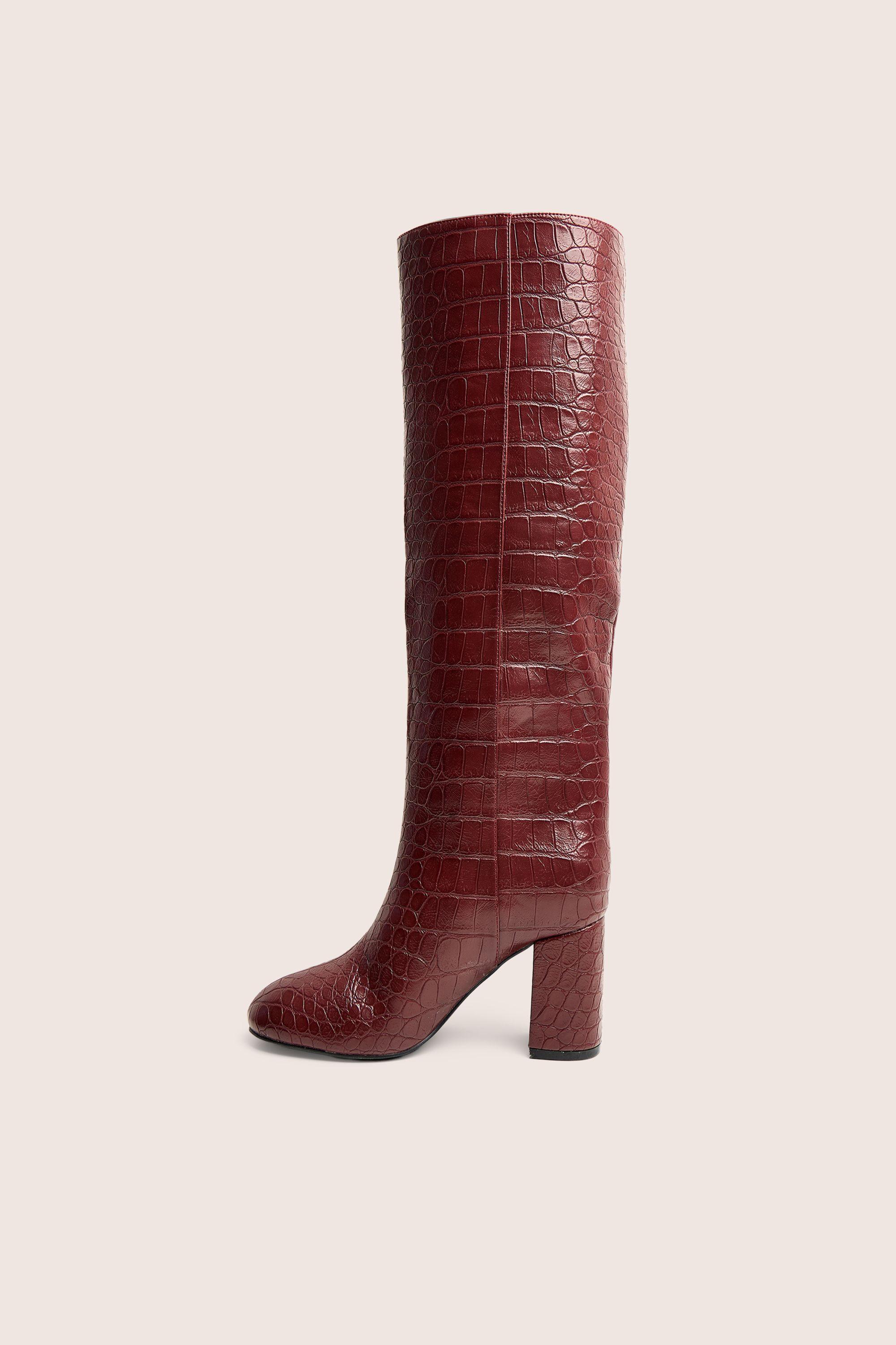 Maison Burgundy Croc Pu Knee High Block Heeled Boots by PUBLIC DESIRE