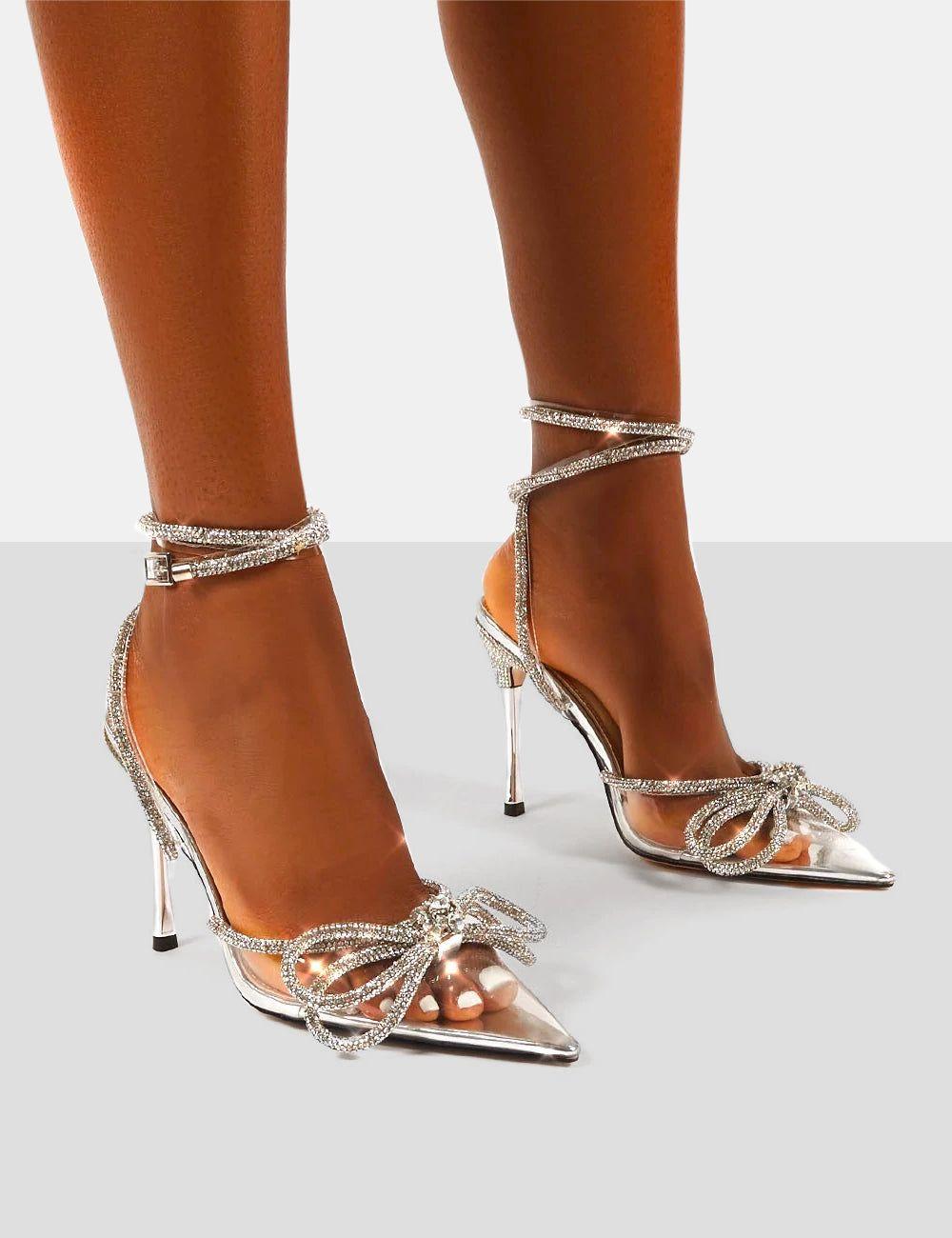 Midnight Clear Wide Fit Wrap Around Diamante Bow Pointed Toe High Heel by PUBLIC DESIRE