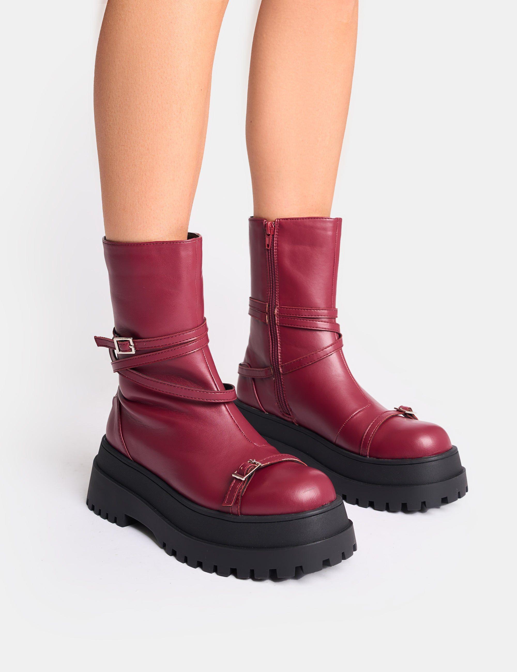 Odessa Burgundy Multi Strap Detail Chunky Sole Ankle Boots by PUBLIC DESIRE