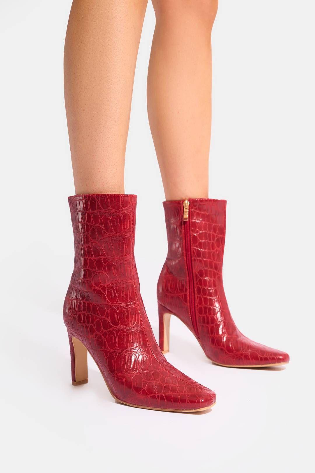 Polaris Red Croc Pattern Snipped Toe Ankle Boots by PUBLIC DESIRE