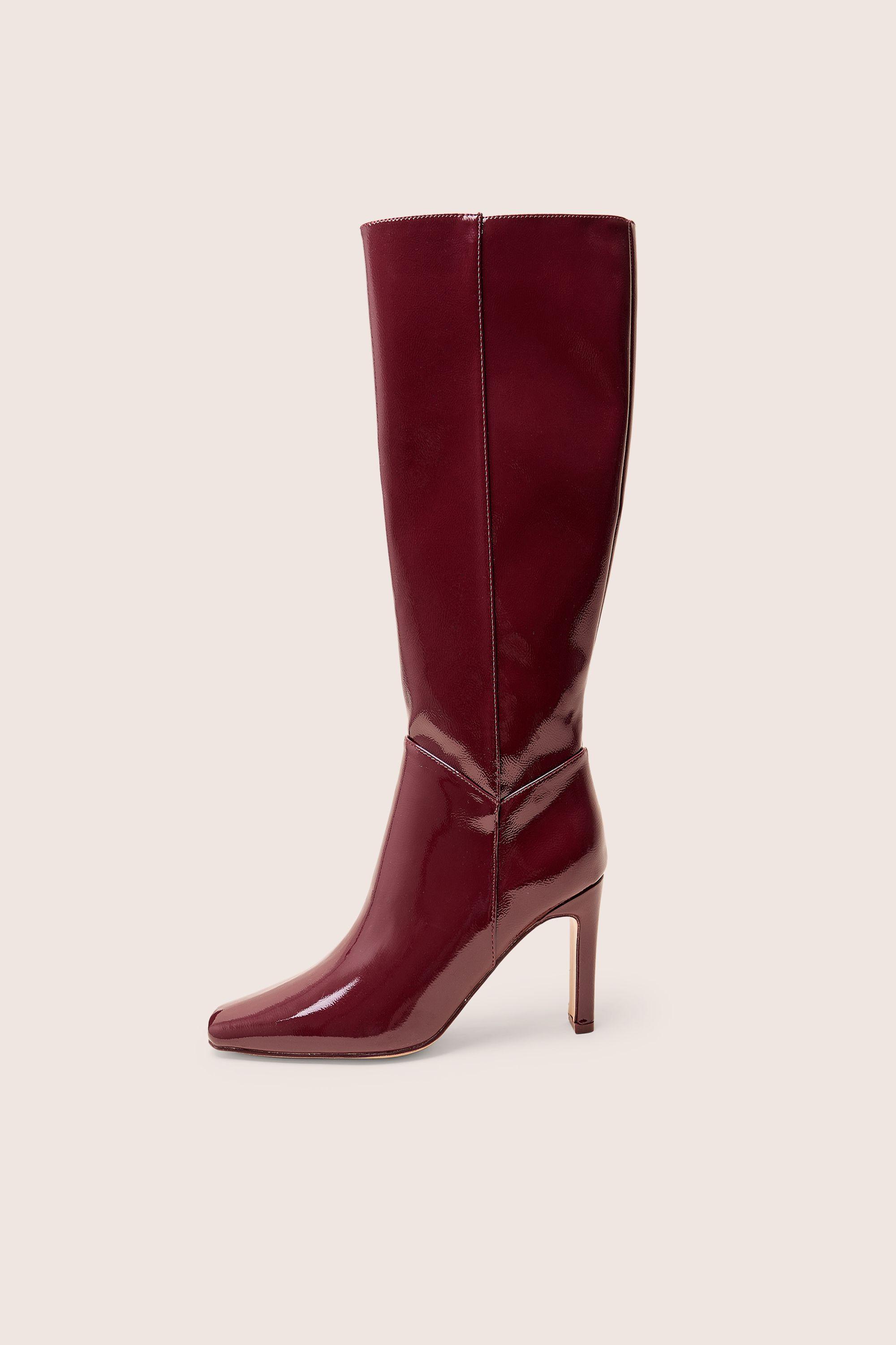 Pose Burgundy Hi Shine Zip Up Knee High Slim Block Heeled Boots by PUBLIC DESIRE