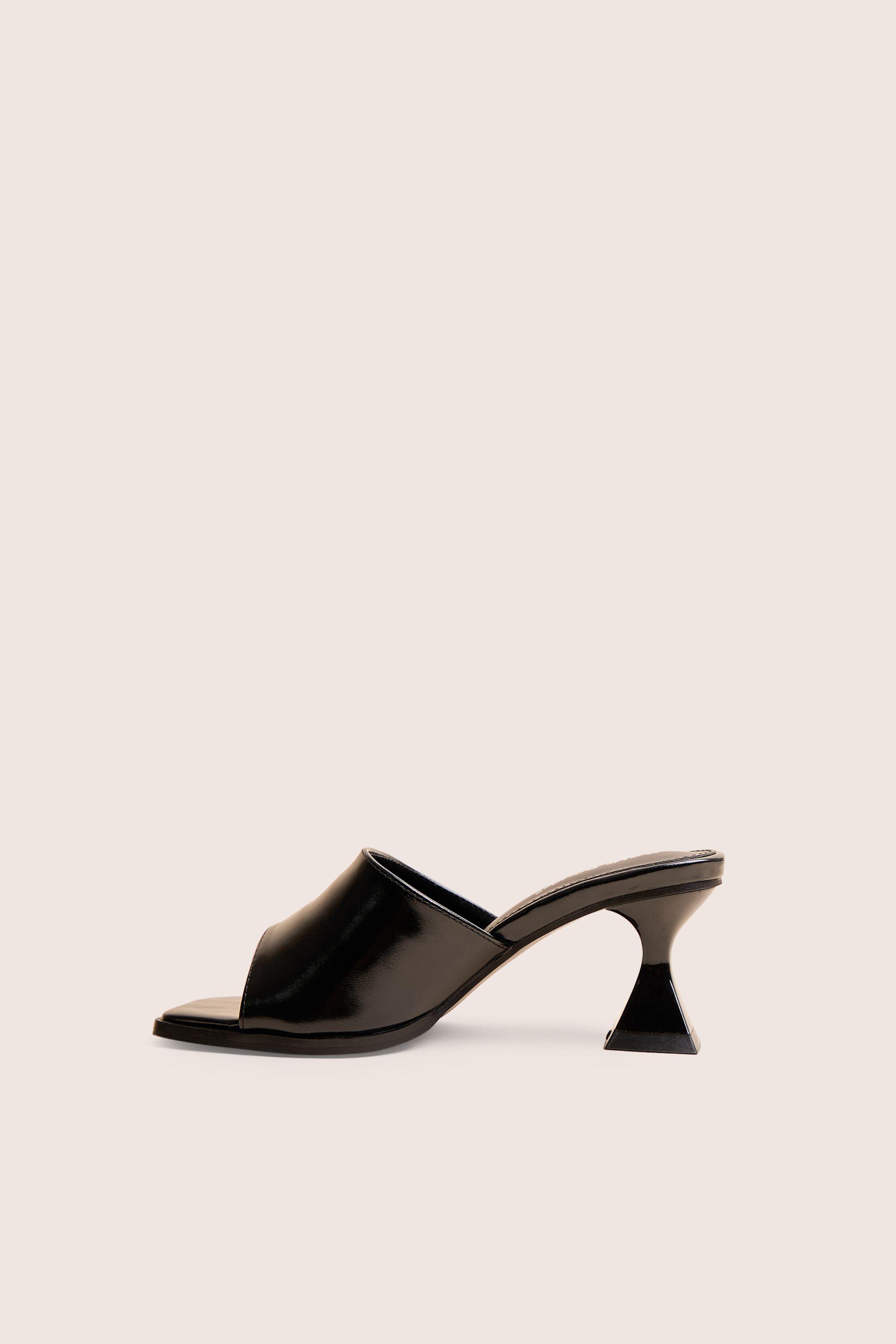 Romi Black Patent Mule Square Toe Flared Block Mid Heels by PUBLIC DESIRE