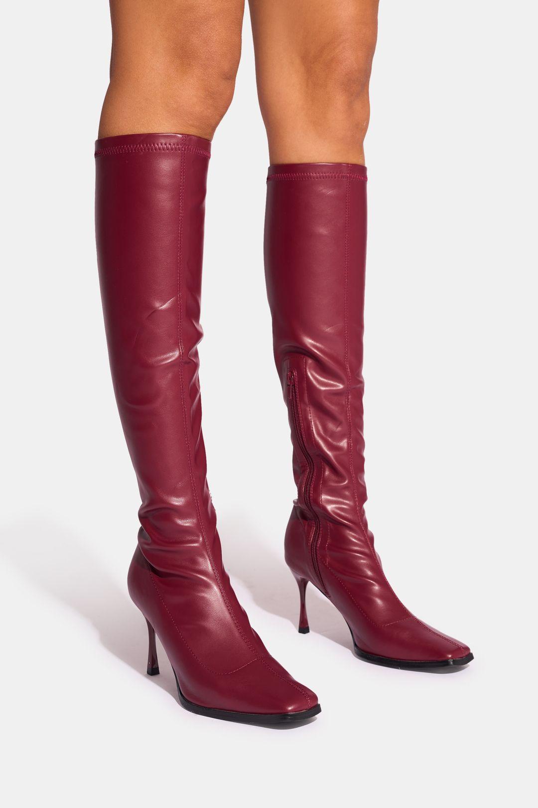 Scorpion Burgundy Mid Heel Sock Knee High Boots by PUBLIC DESIRE