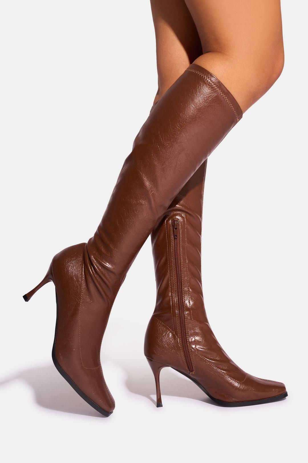 Scorpion Chocolate Mid Heel Sock Knee High Boots by PUBLIC DESIRE