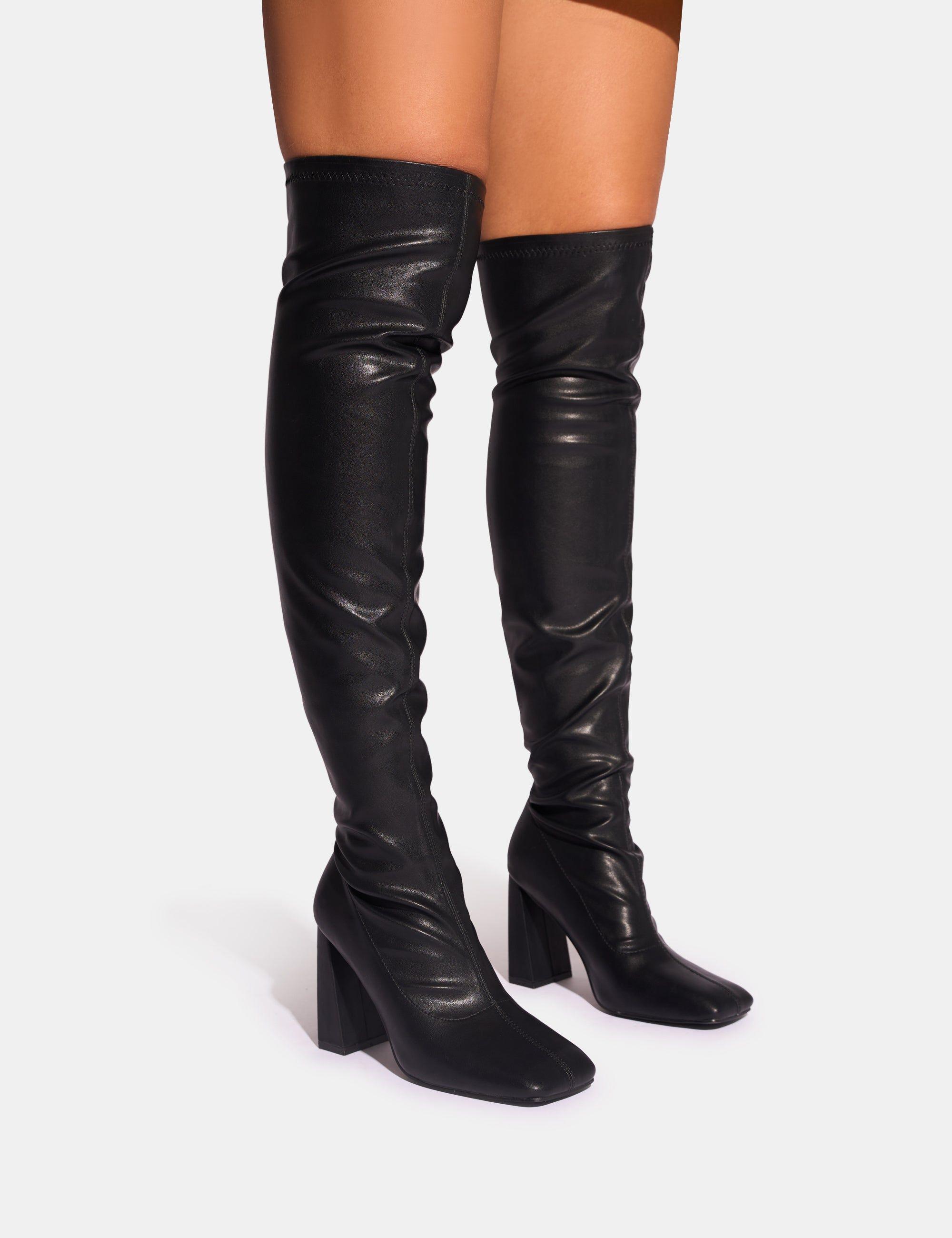 Showoff Black Pu Block Heel Over the Knee Boot by PUBLIC DESIRE