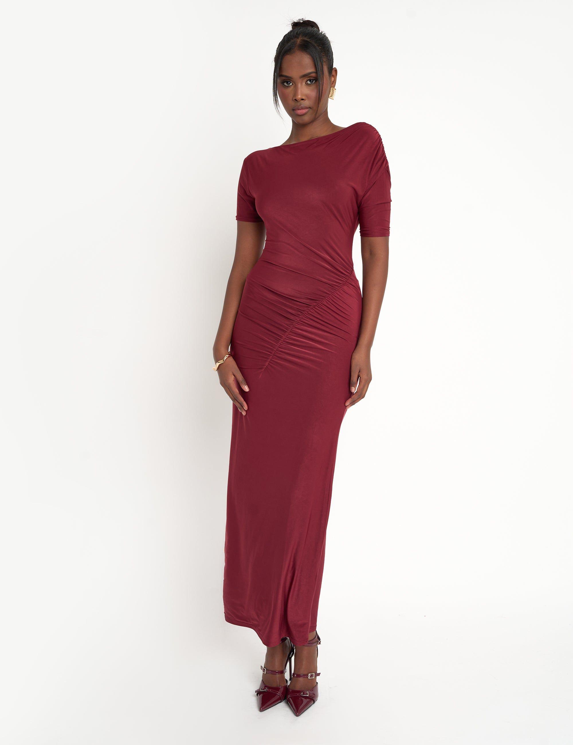 Slinky Ruched Detail Maxi Dress Burgundy by PUBLIC DESIRE