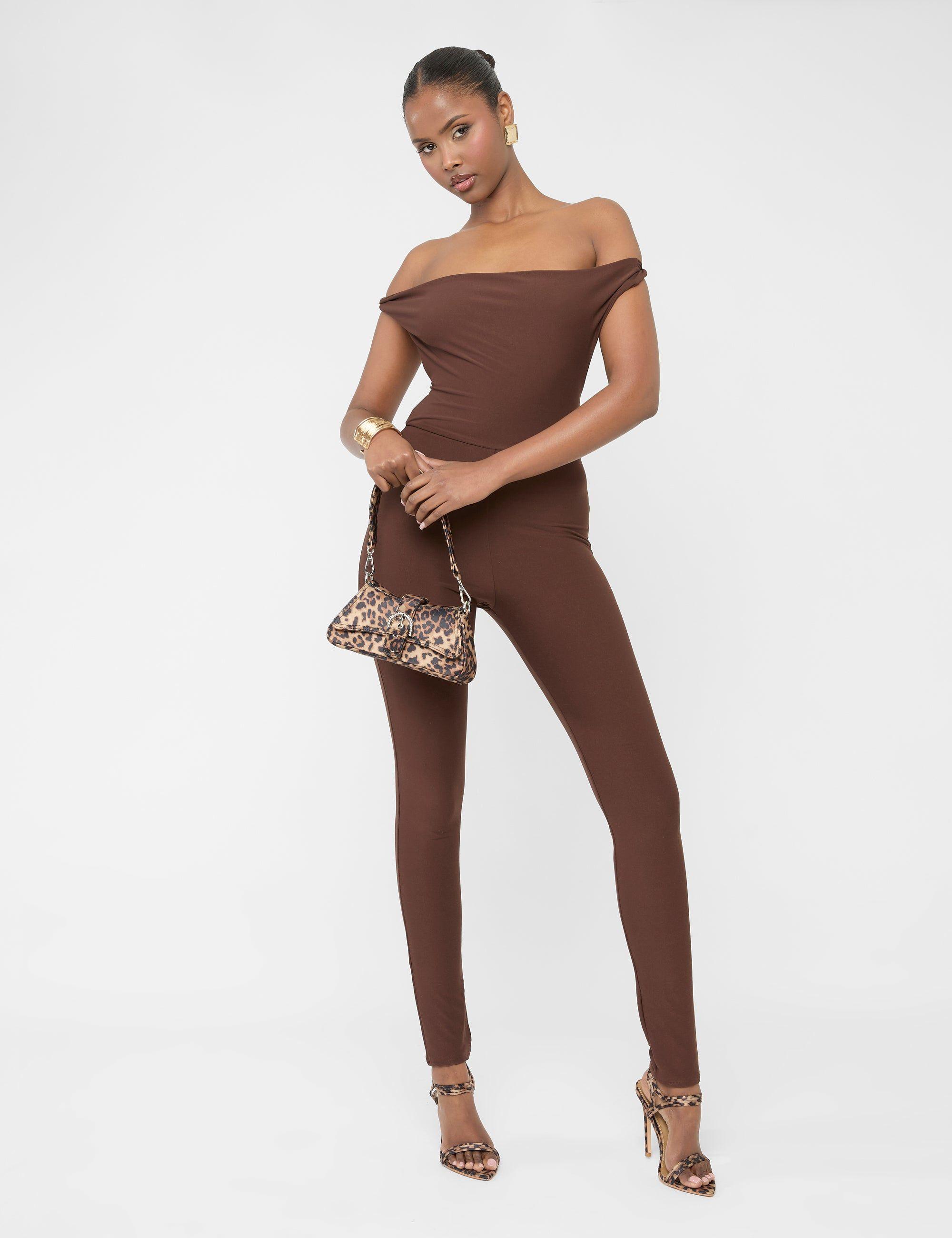 Twist Back Detail Off The Shoulder Luxe Slinky Jumpsuit Brown by PUBLIC DESIRE