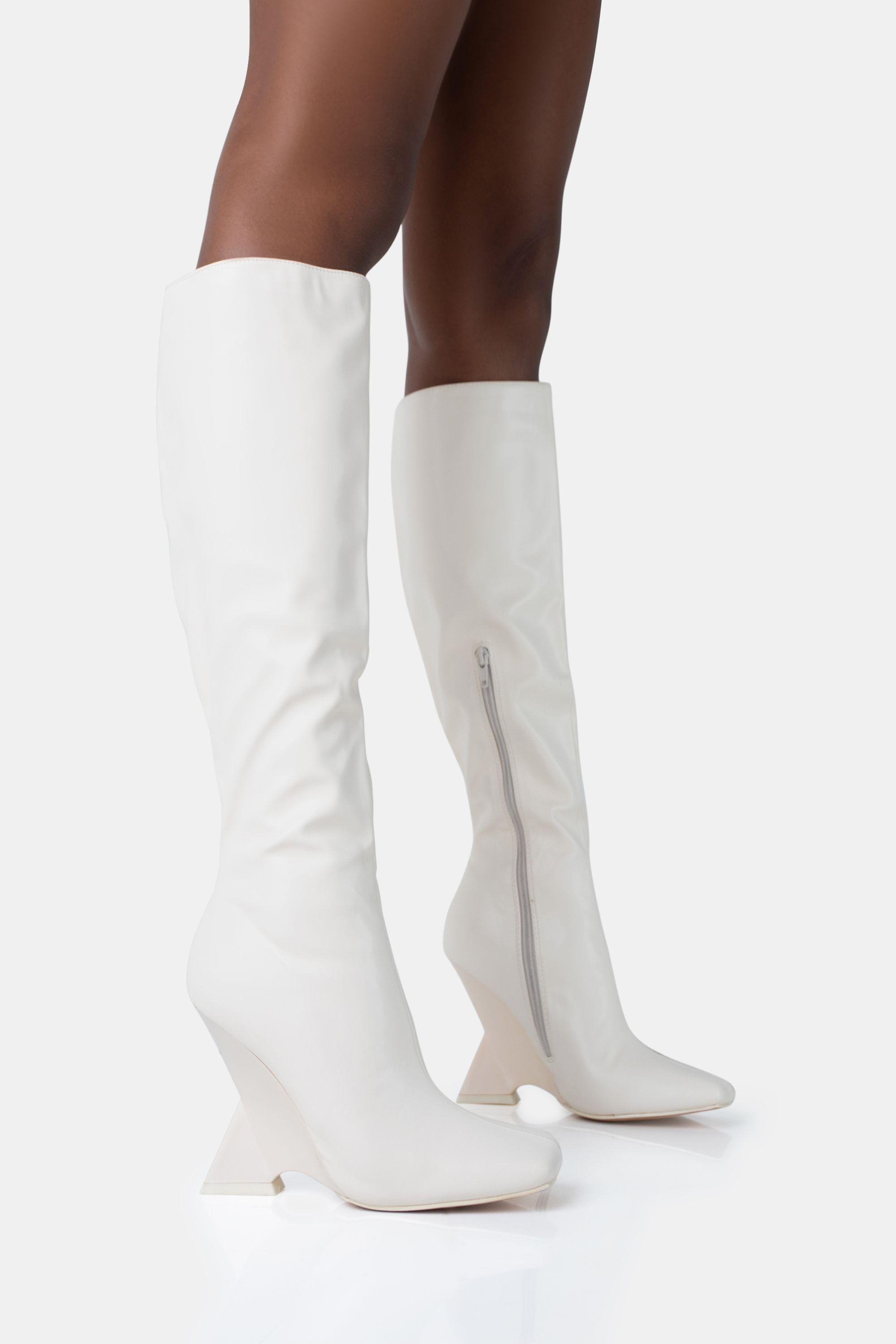 Vanessa Ecru PU Inverted Wedge Square Toe Heeled Knee High Boots by PUBLIC DESIRE