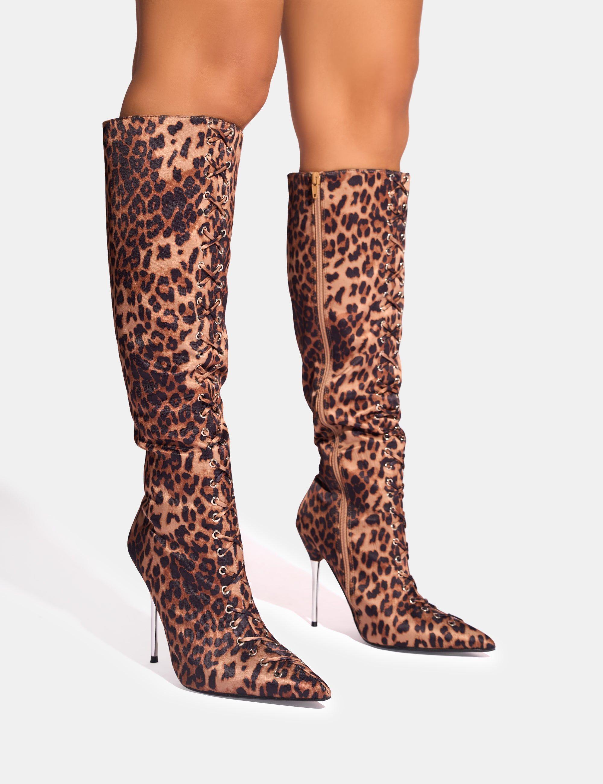 Witchcraft Leopard Lace Up Knee High Boots by PUBLIC DESIRE