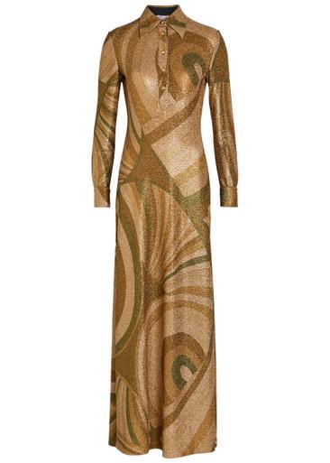 Printed metallic-jersey maxi shirt dress by PUCCI