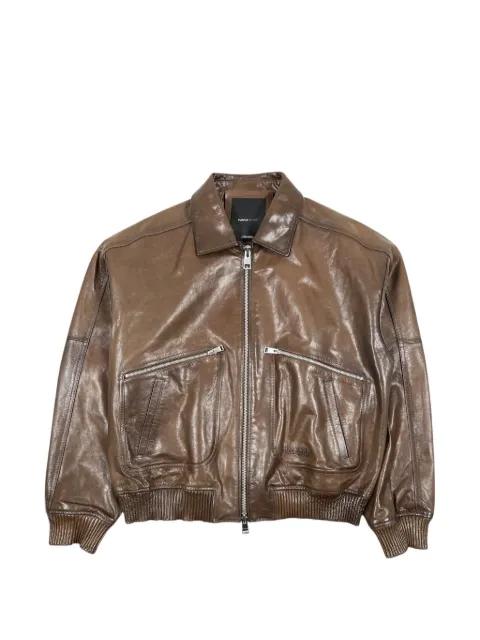 zip-fastening distressed leather jacket by PURPLE BRAND