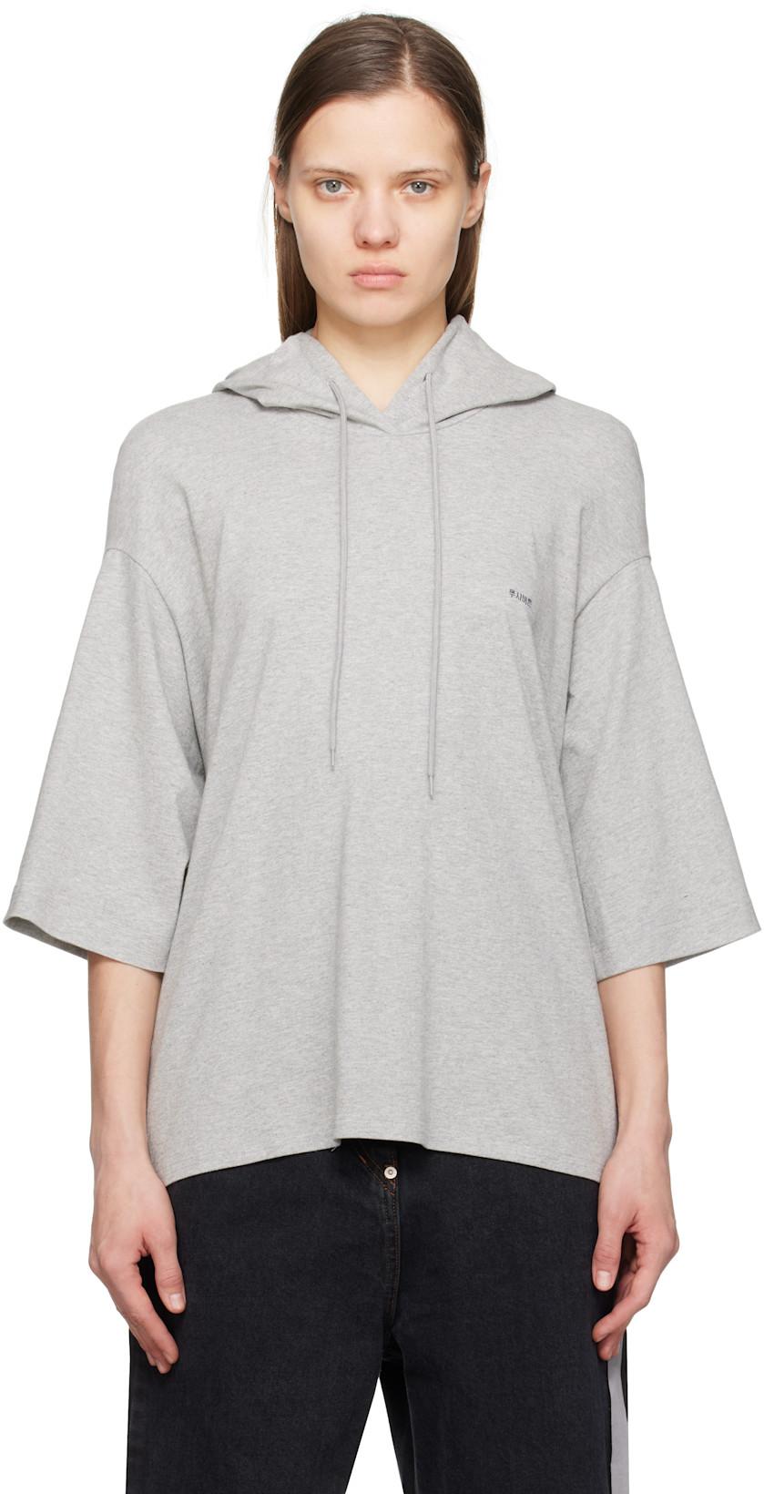 Gray Square Half Sleeve Hoodie by PUSHBUTTON