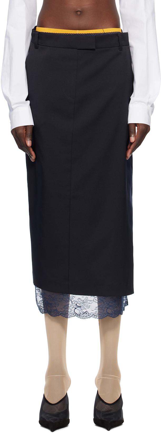 Navy Lace Trim Midi Skirt by PUSHBUTTON