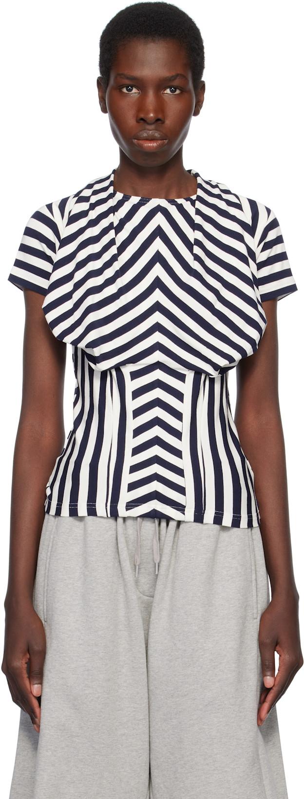 Navy & White Stripe Bra Draping Jersey T-shirt by PUSHBUTTON
