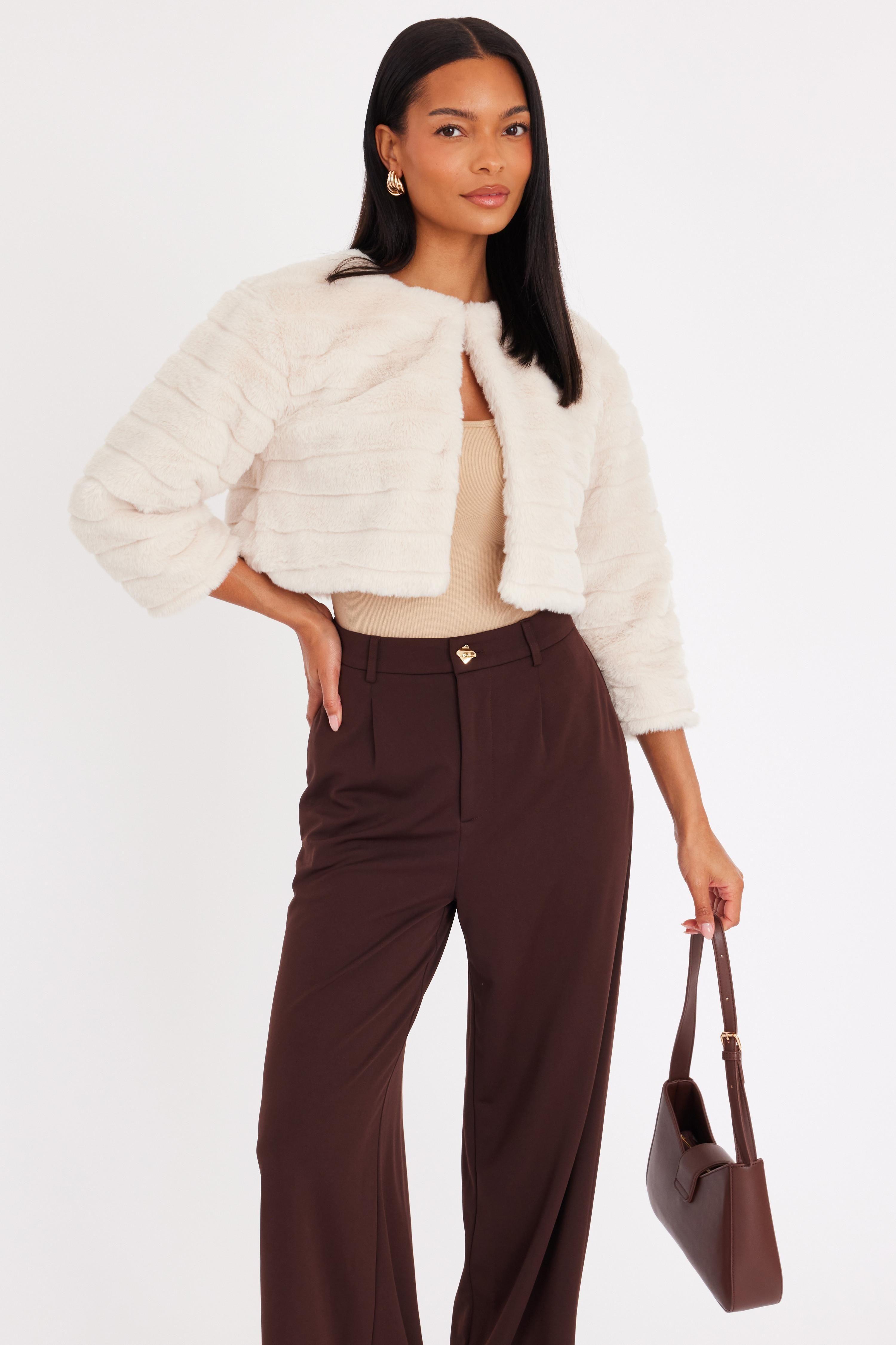 Beige Faux Fur Cropped Cover Up by QUIZ