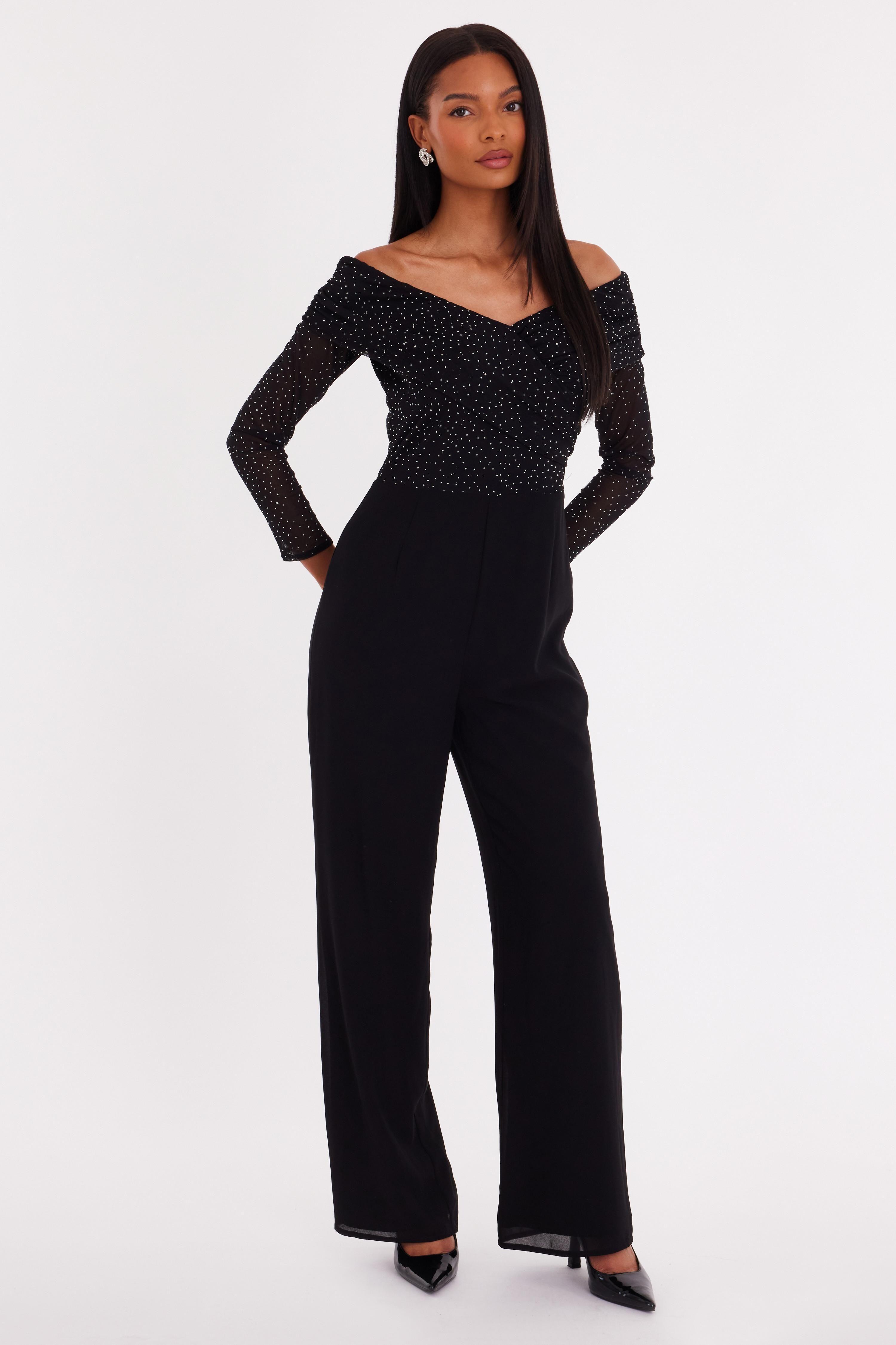 Black Diamante Bardot Jumpsuit by QUIZ