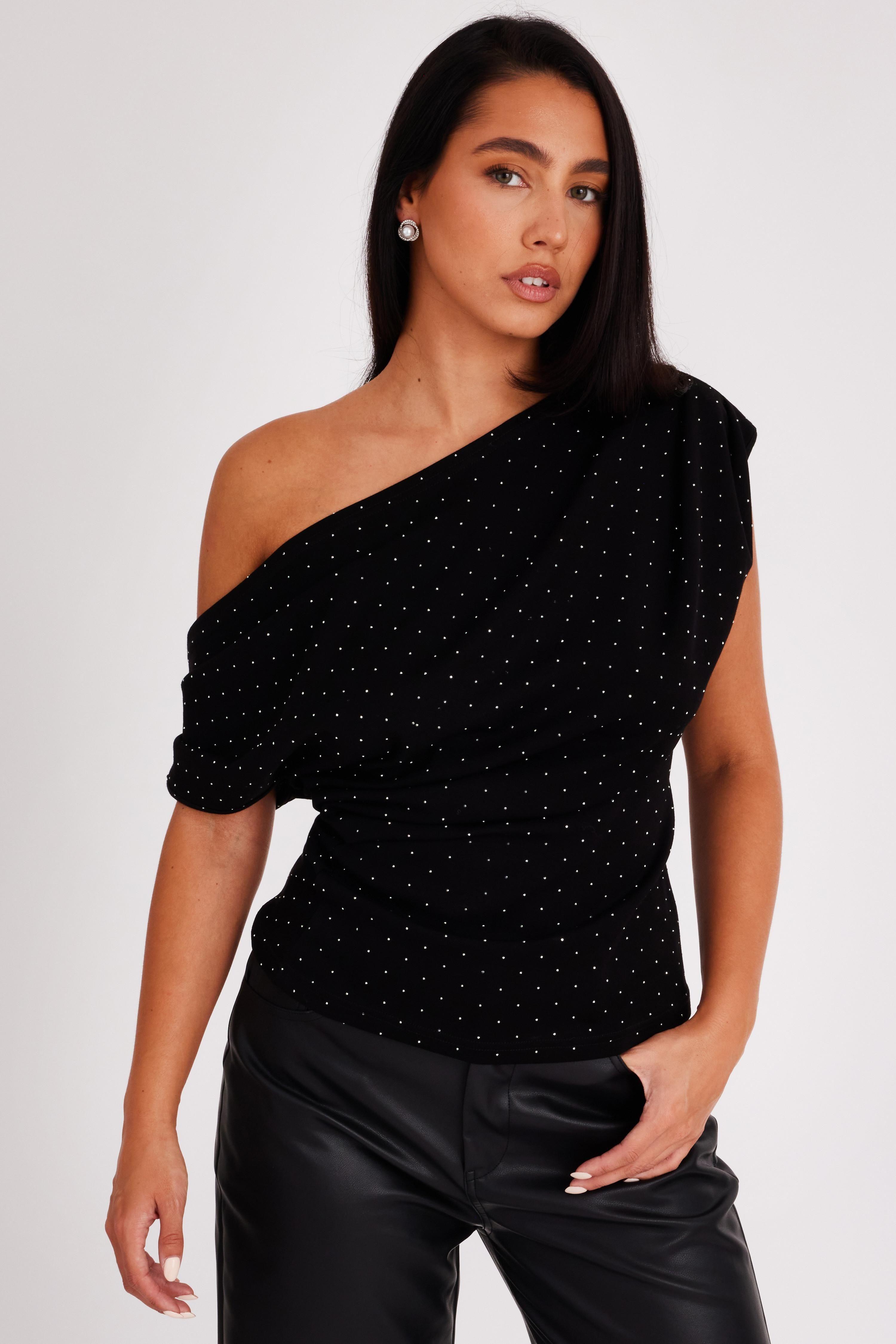 Black Diamante Drape Neck Top by QUIZ
