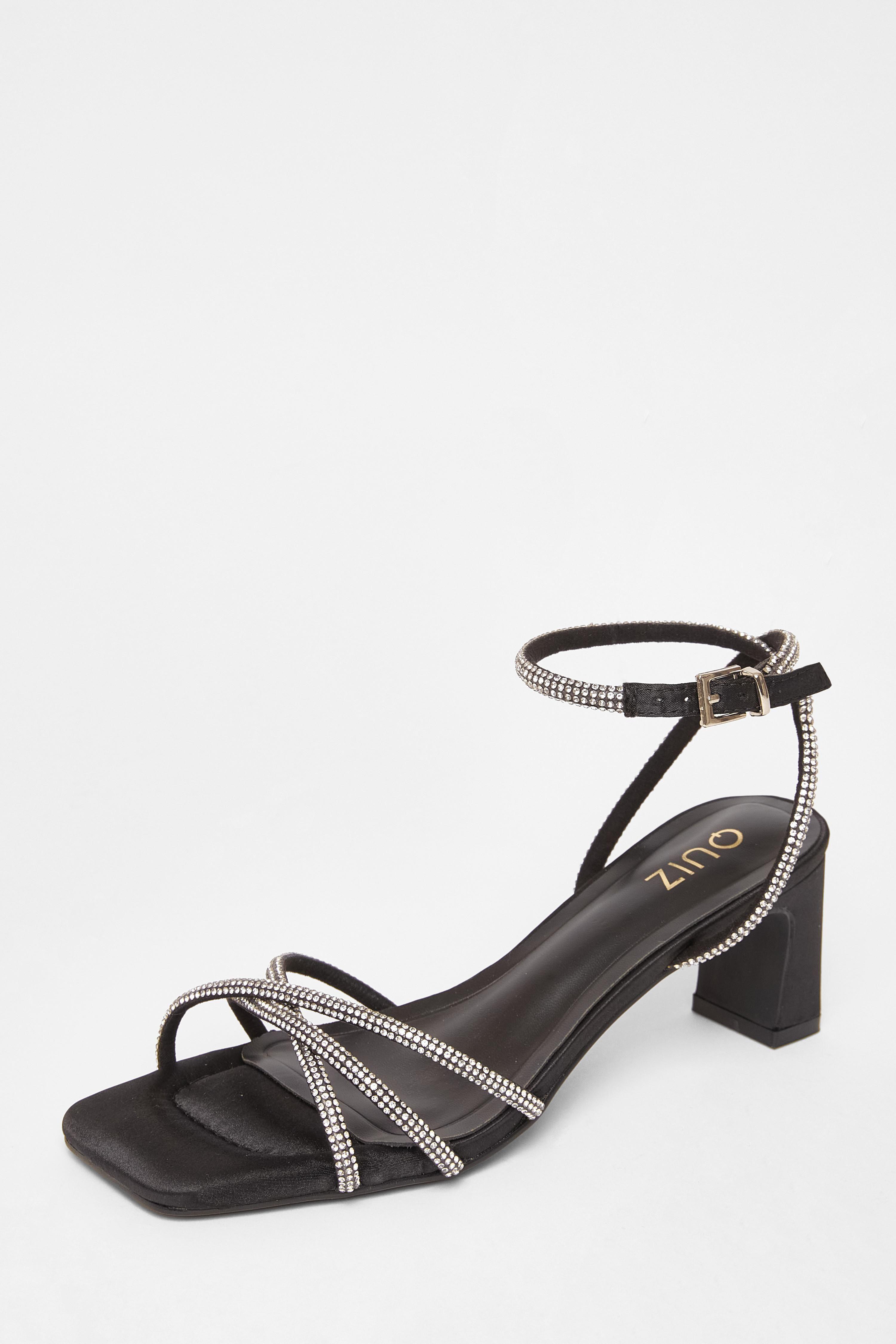 Black Diamante Strap Block Heels by QUIZ