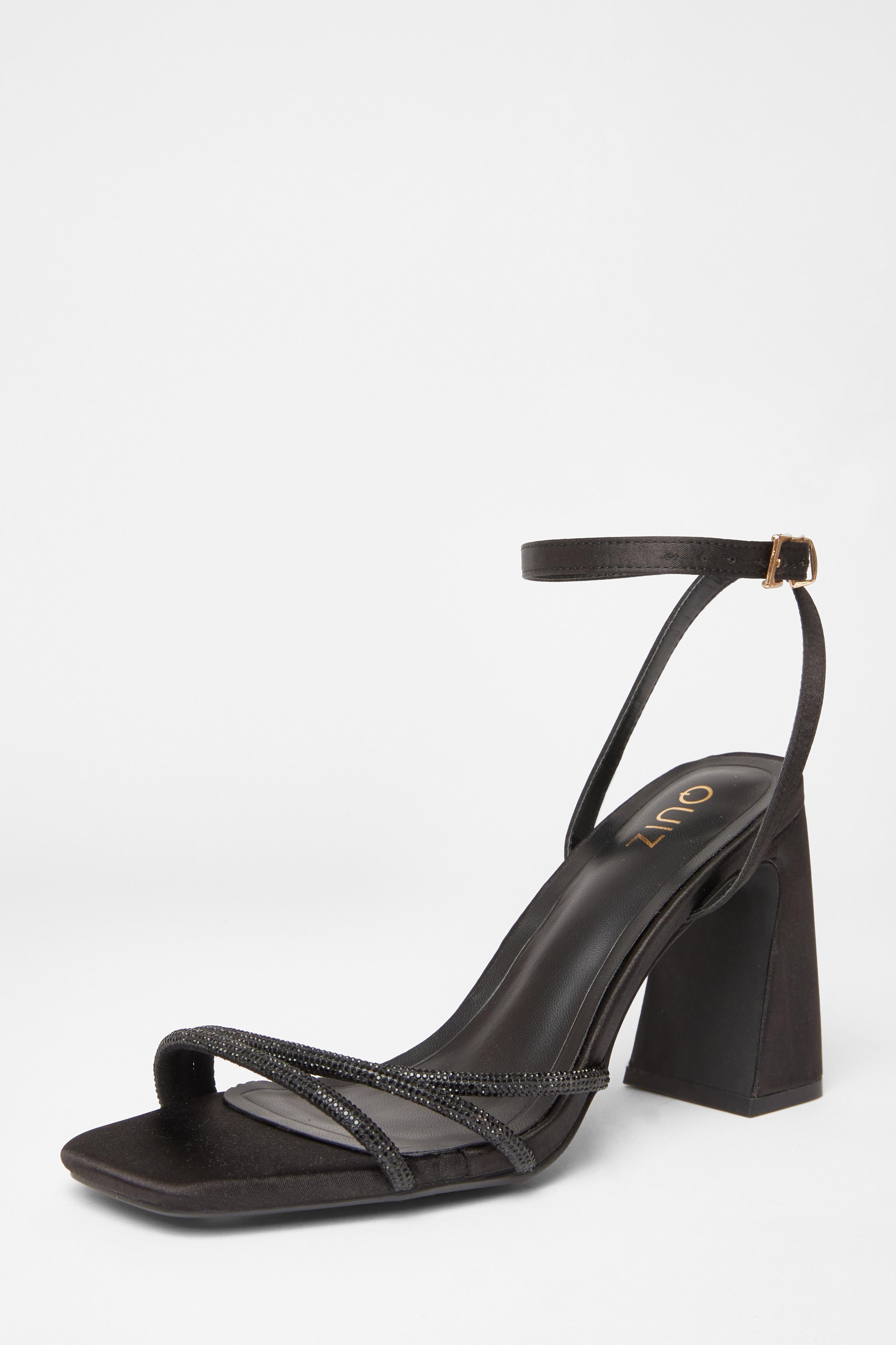 Black Diamante Strappy Block Heels by QUIZ