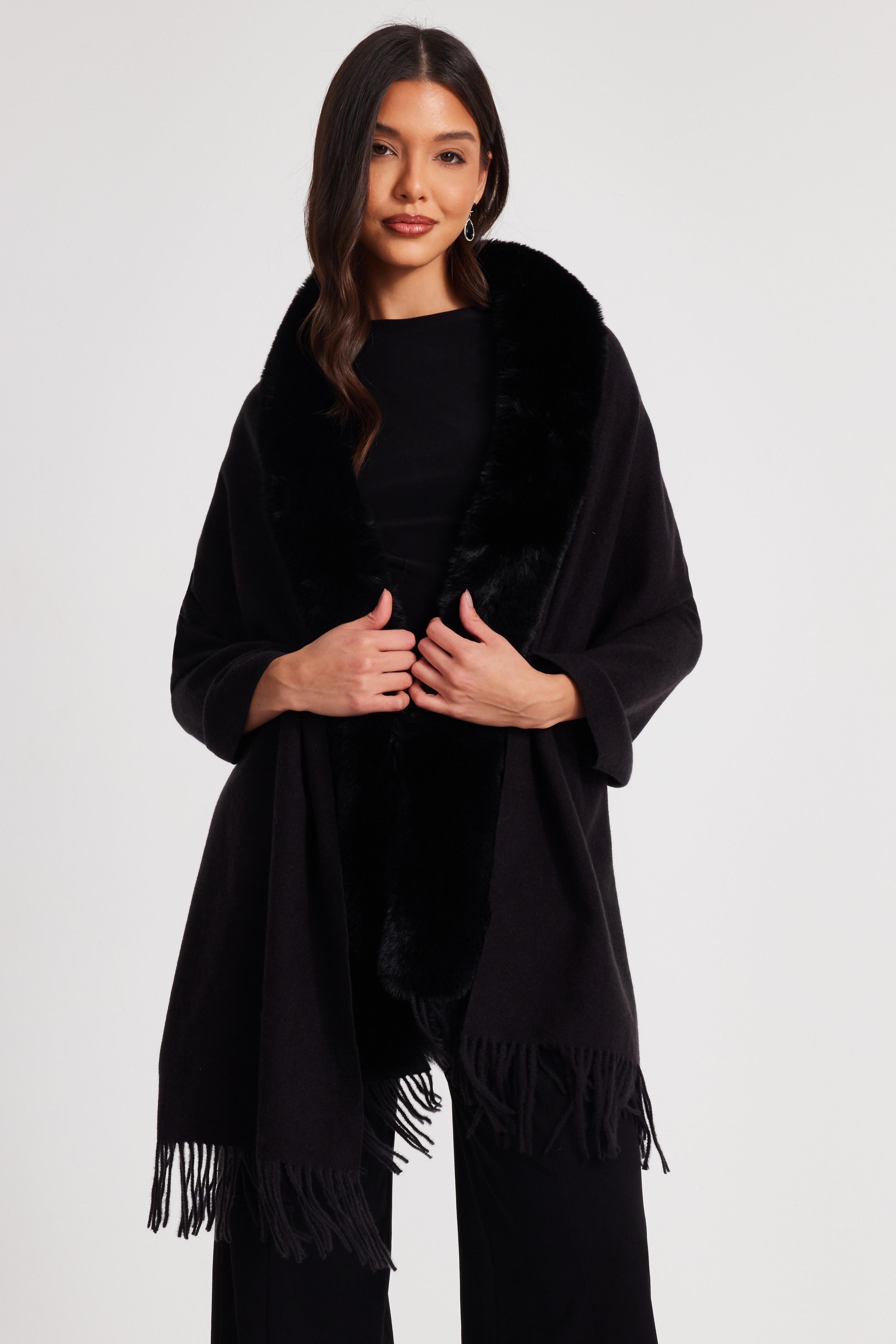 Black Faux Fur Trim Cape by QUIZ