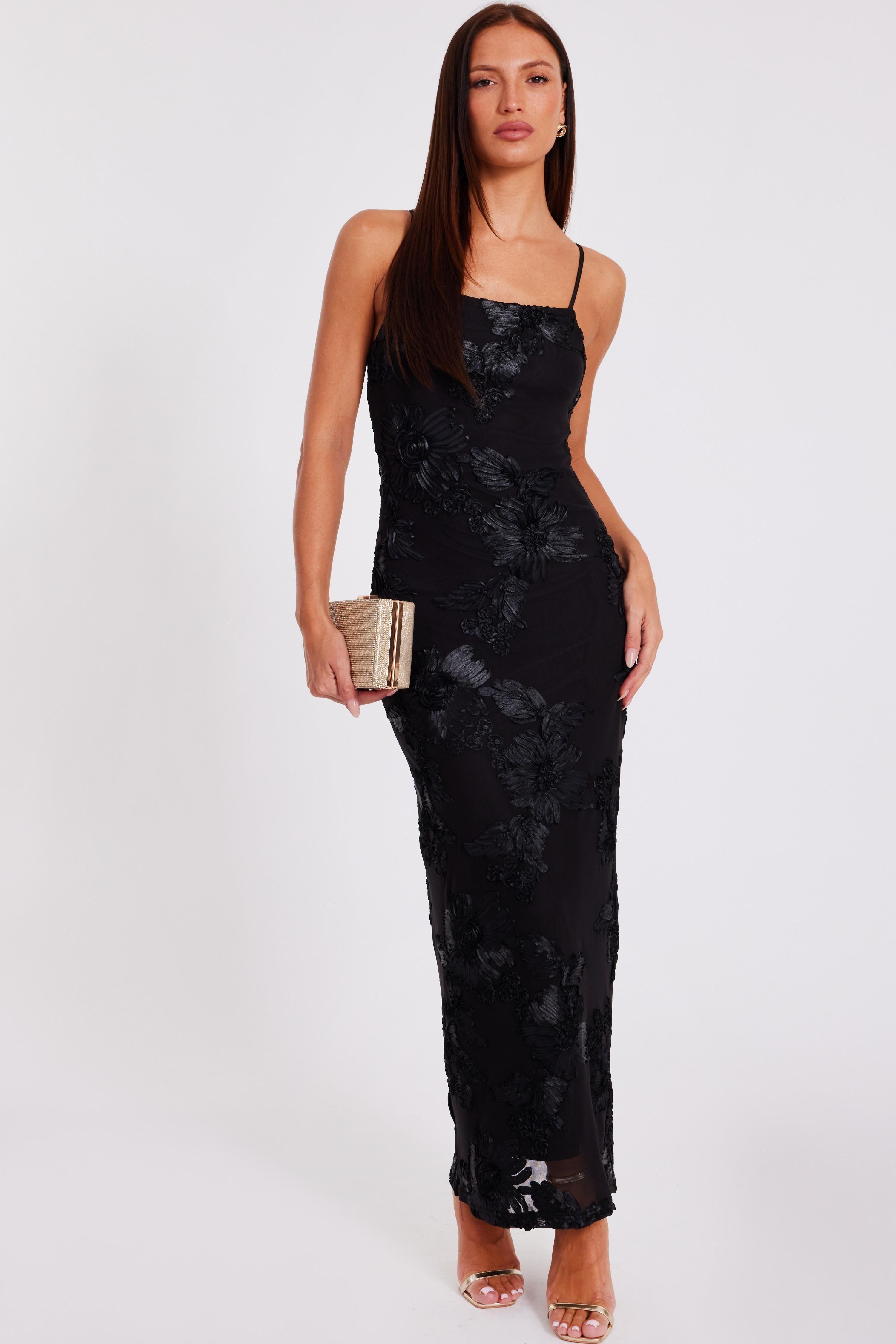 Black Floral Applique Midaxi Dress by QUIZ