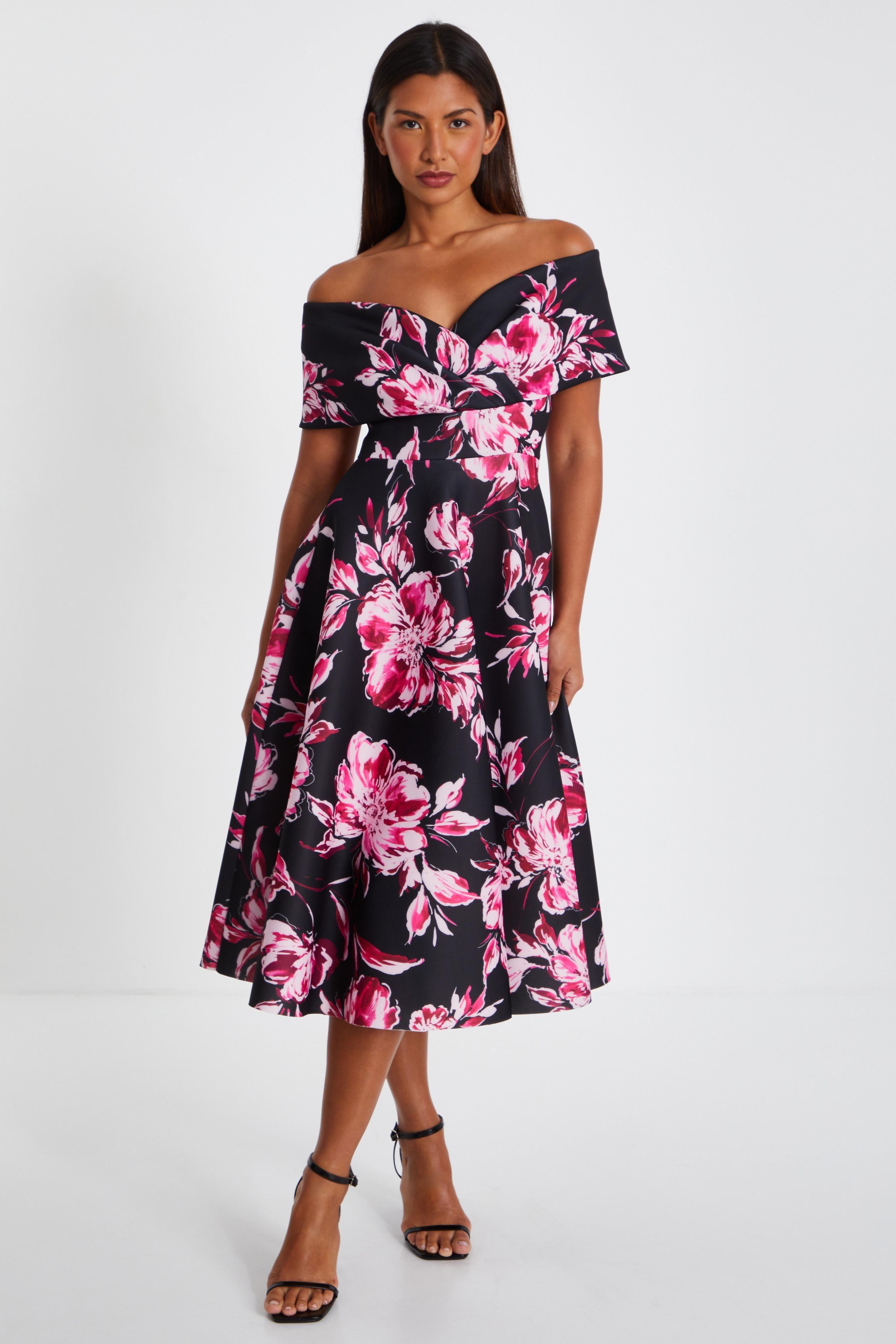 Black Floral Bardot Skater Midi Dress by QUIZ