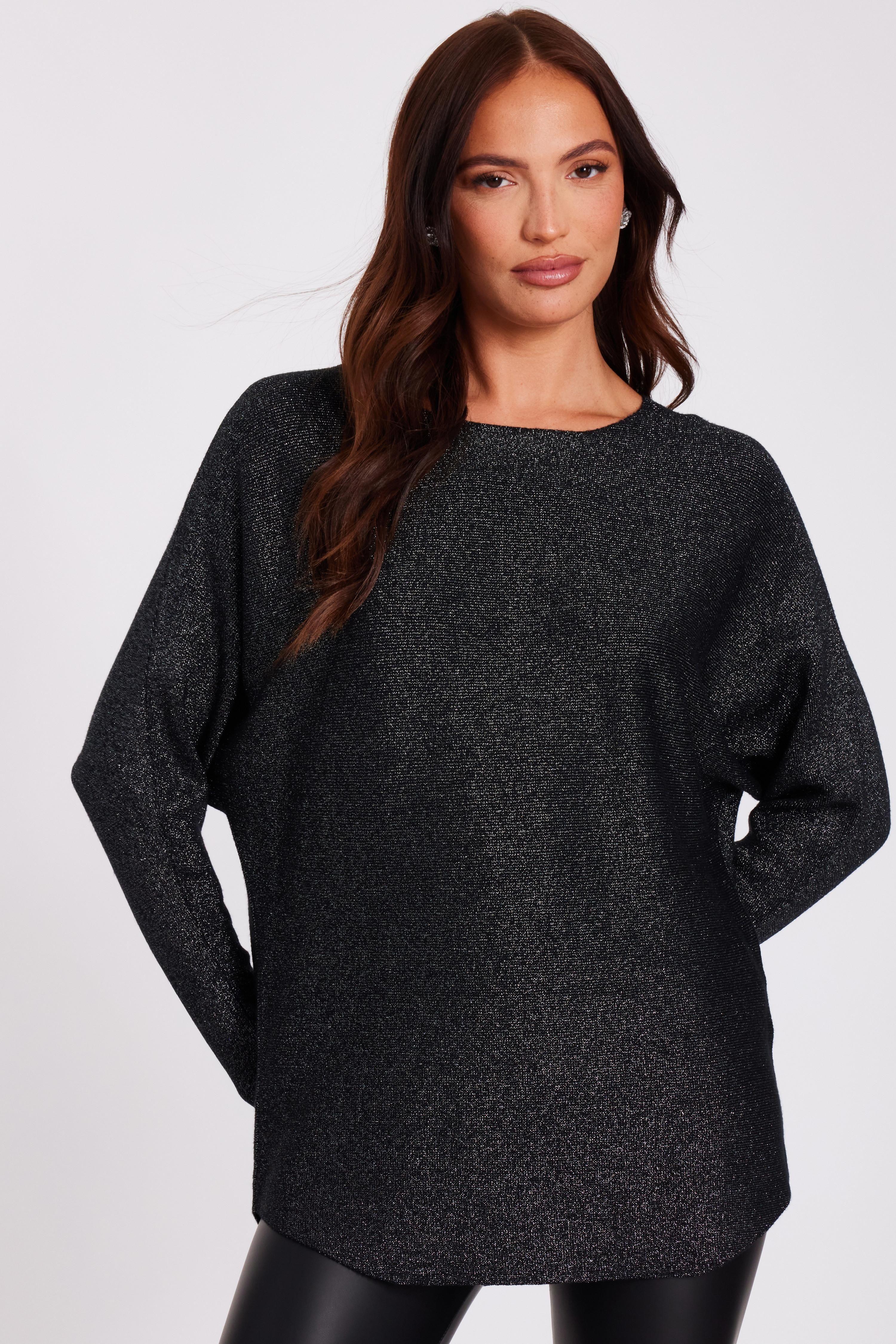 Black Glitter Batwing Jumper by QUIZ