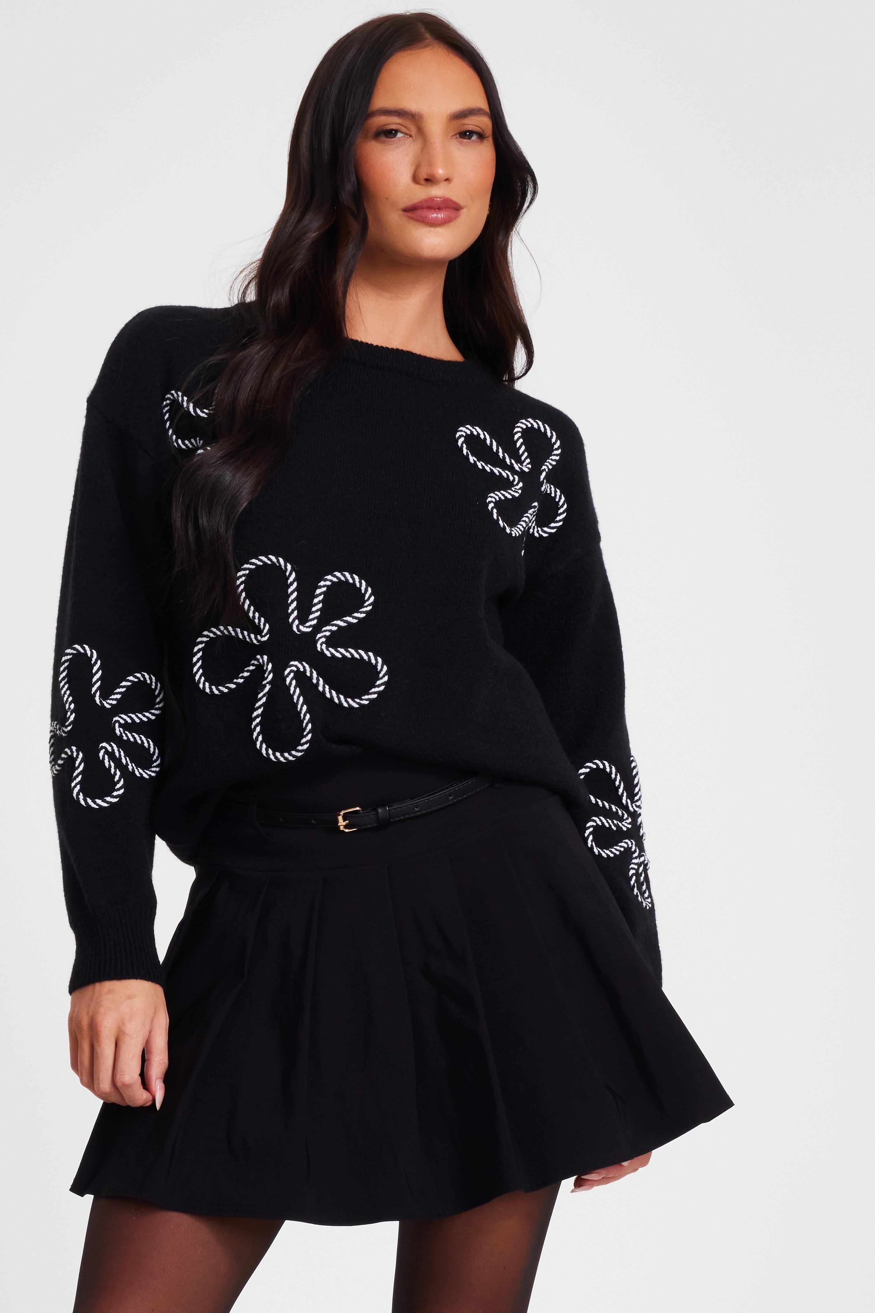 Black Knit Flower Stitch Jumper by QUIZ