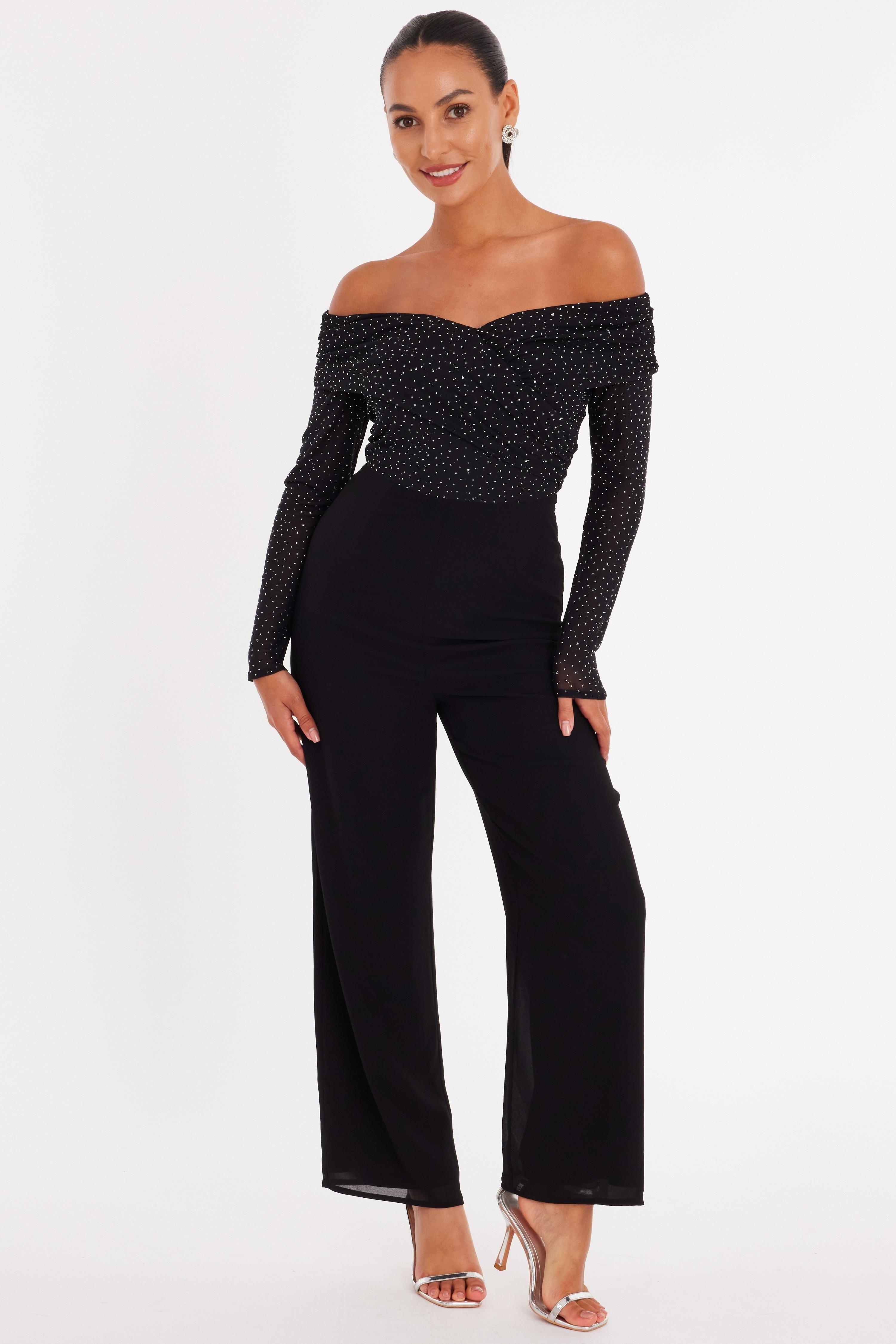 Black Petite Diamante Bardot Jumpsuit by QUIZ