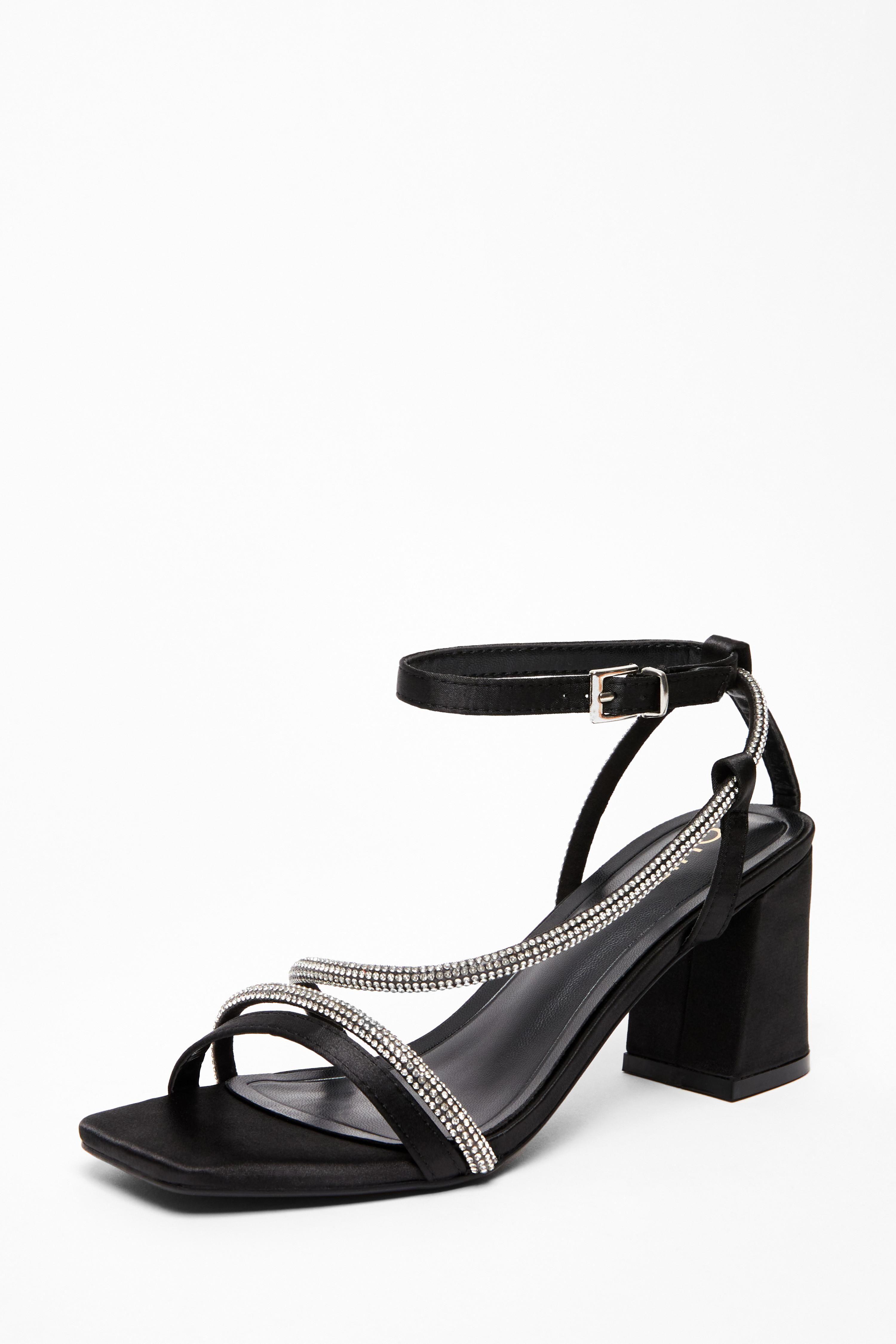 Black Satin Diamante Heeled Sandal by QUIZ