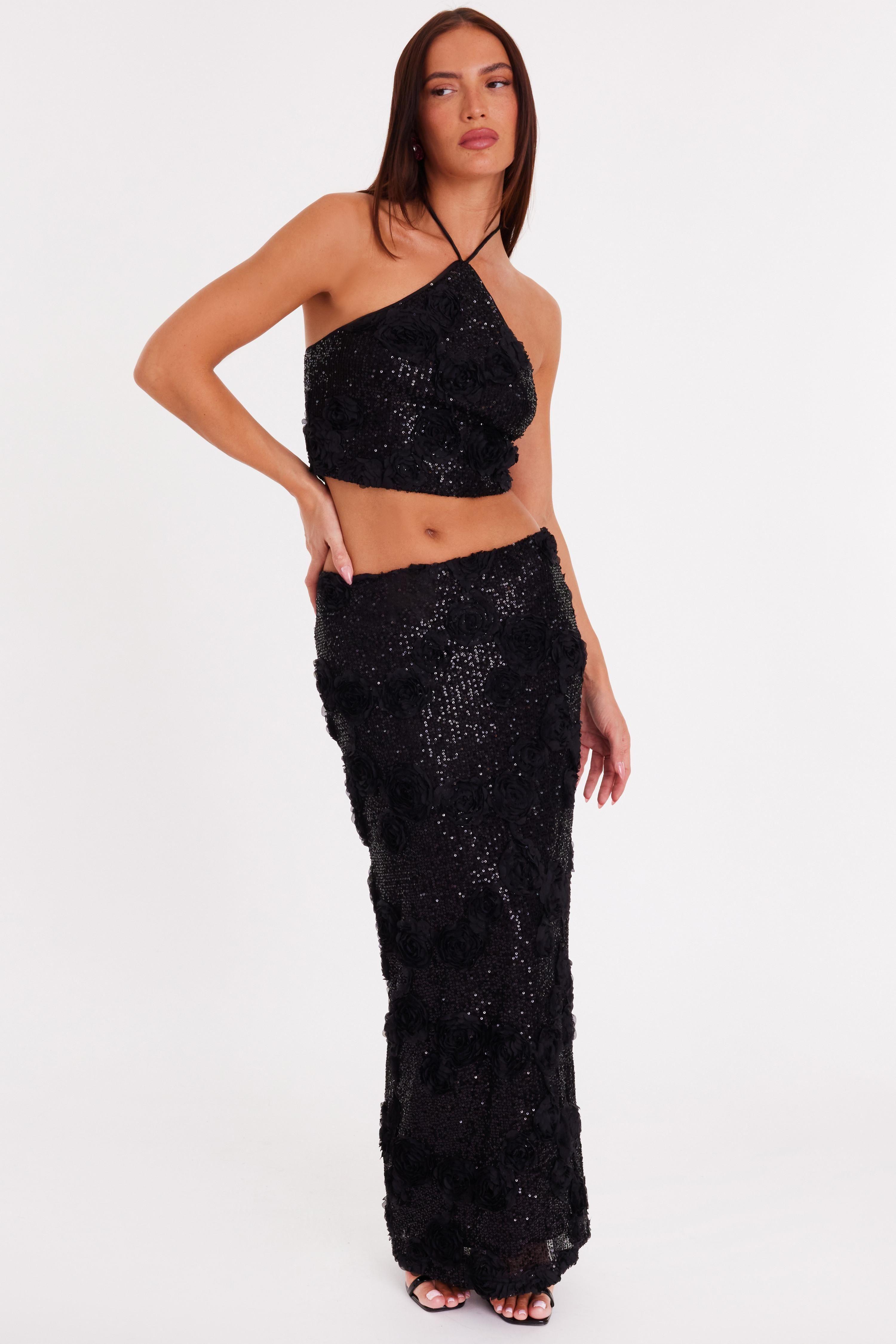 Black Sequin Floral Midaxi Skirt by QUIZ