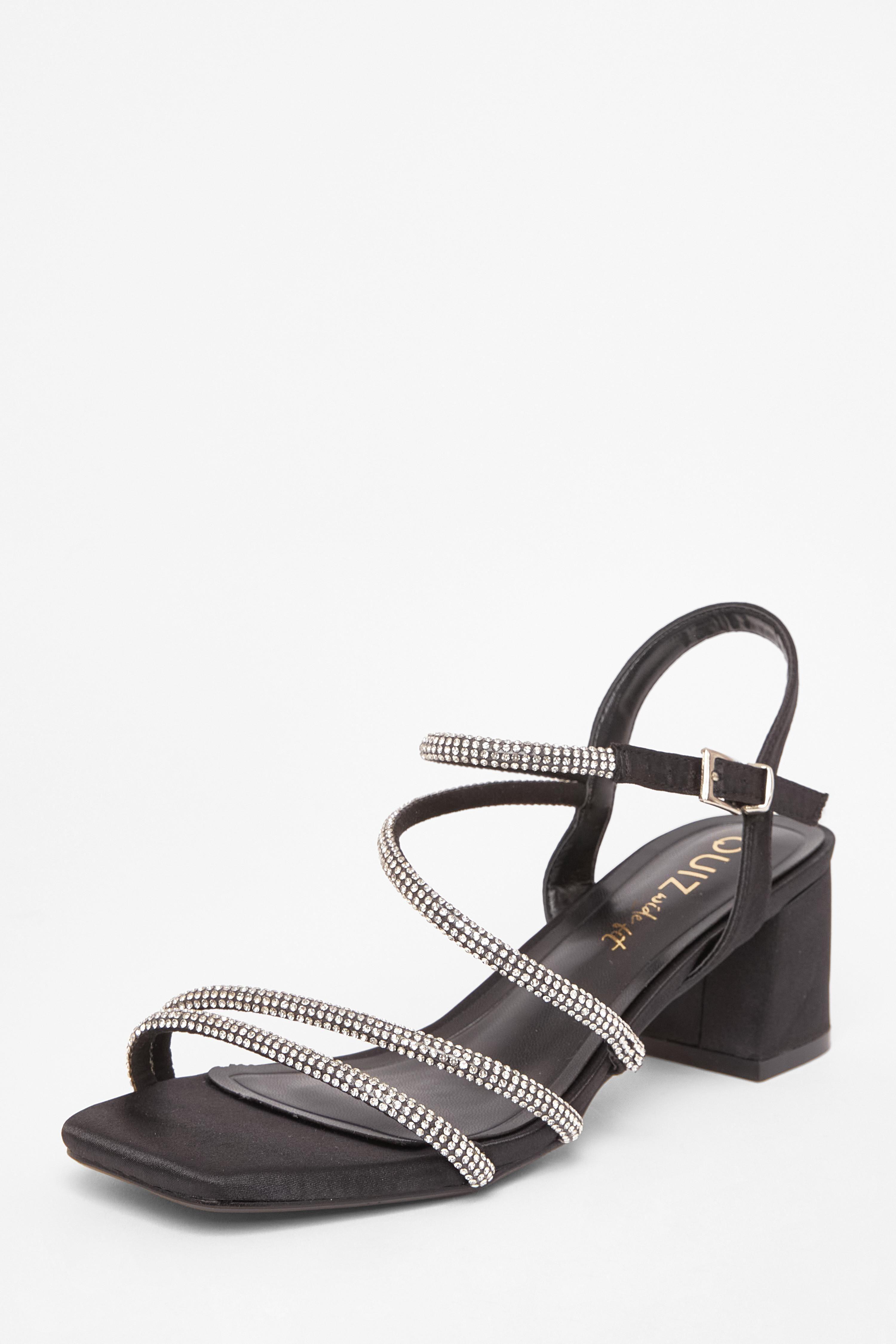 Black Wide Fit Diamante Block Heels by QUIZ
