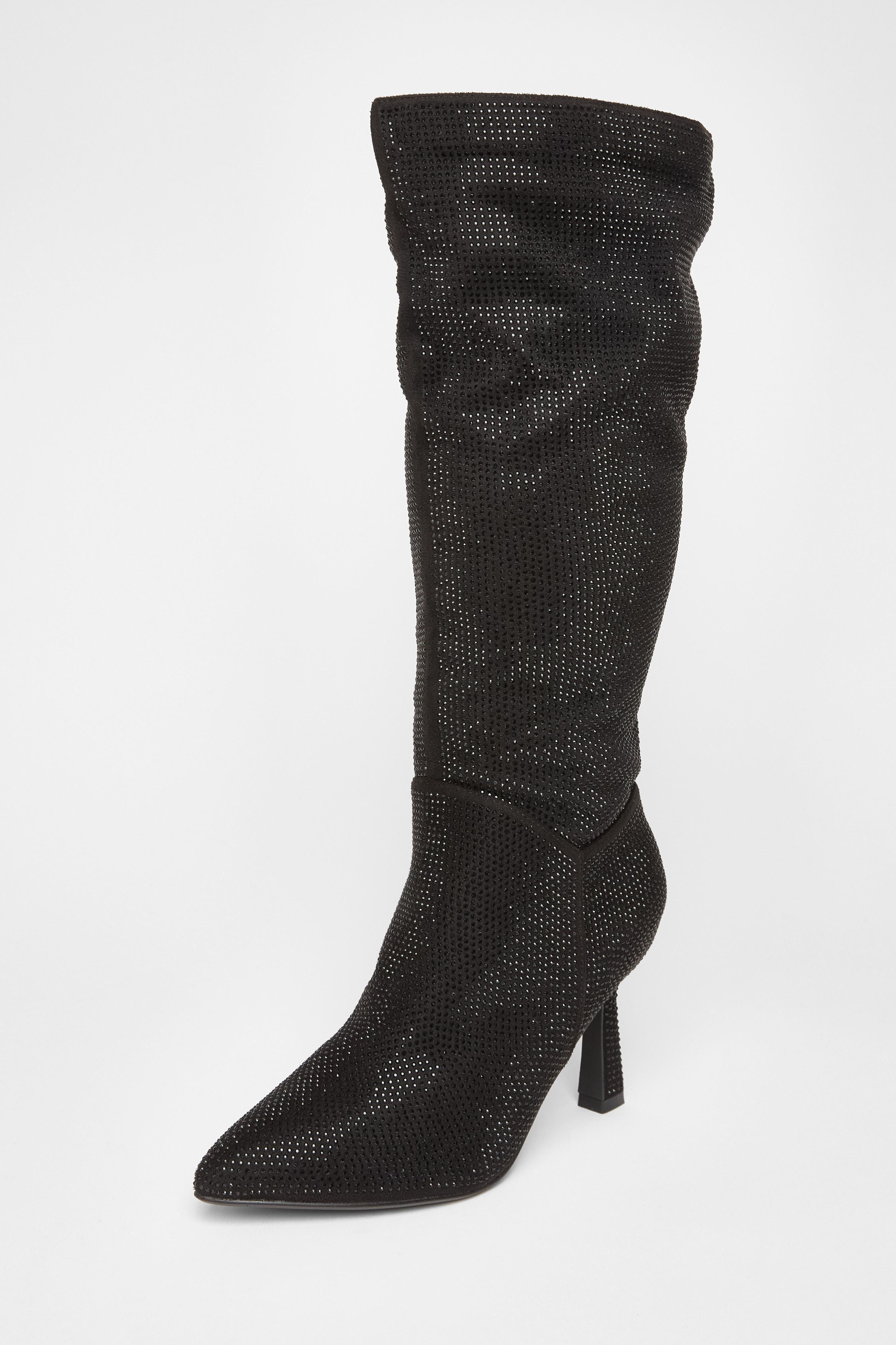 Black Wide Fit Diamante Knee High Boot by QUIZ