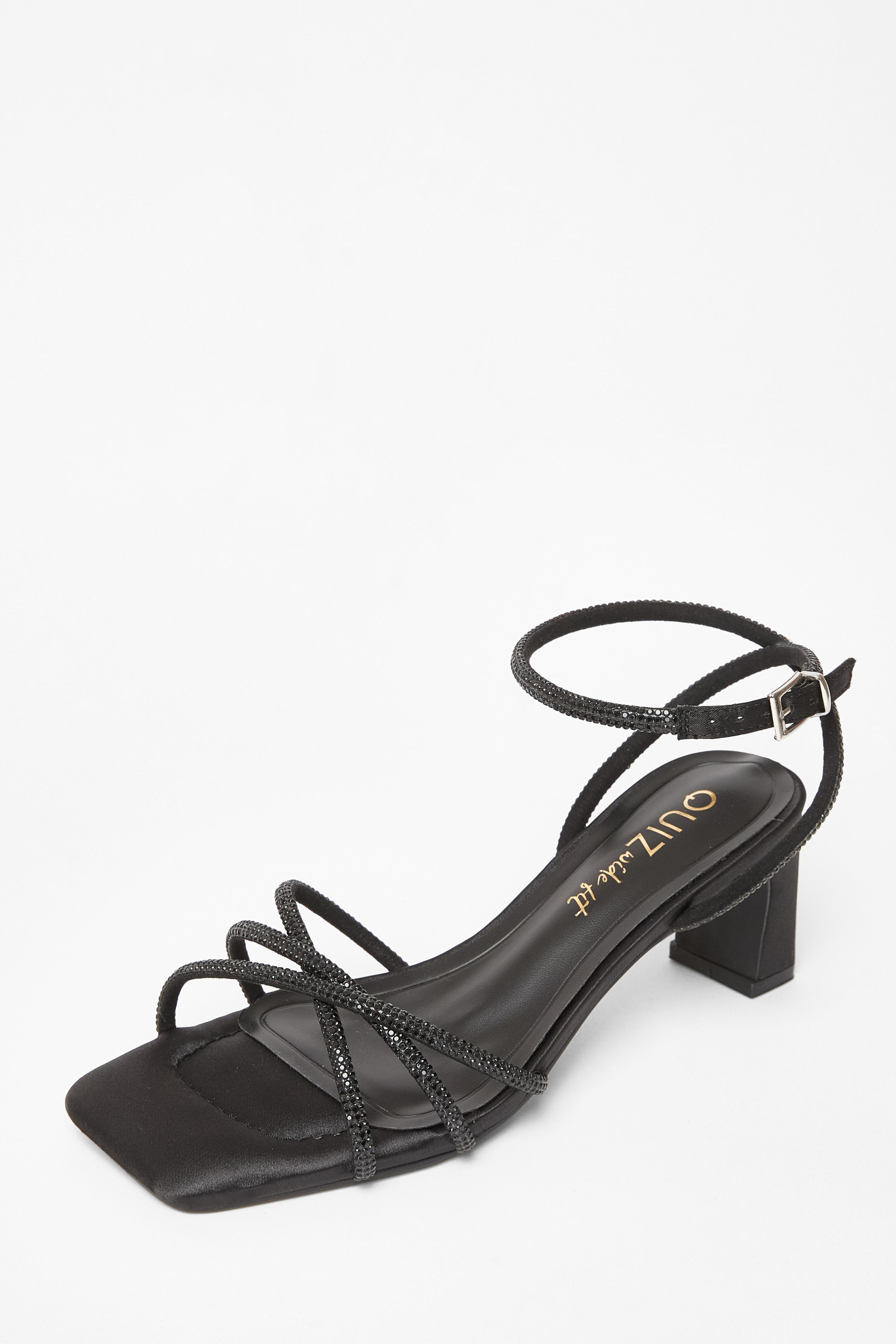 Black Wide Fit Diamante Strap Block Heels by QUIZ
