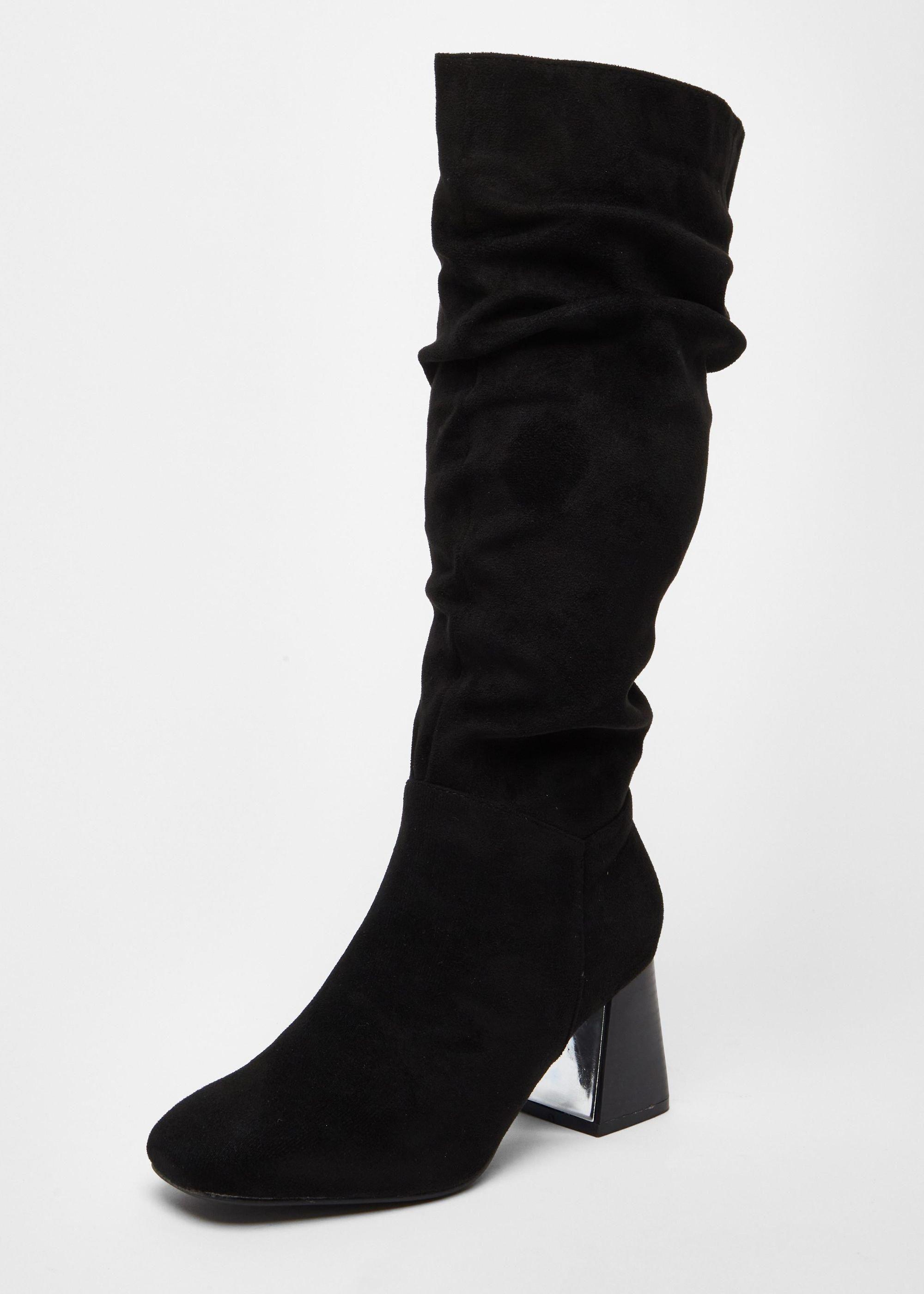 Black Wide Fit Knee High Faux Suede Block Heel Boots by QUIZ