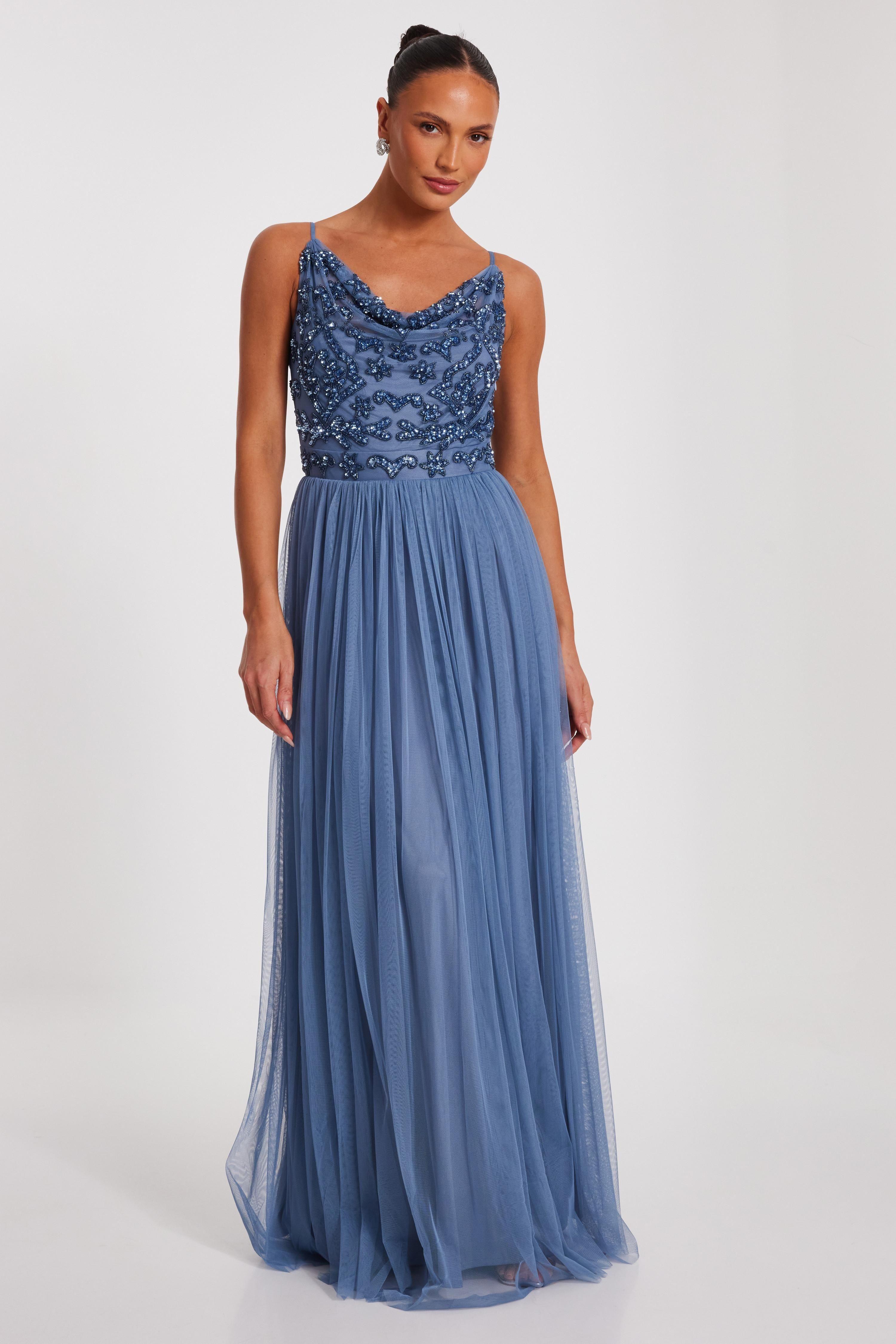 Blue Mesh Beaded Maxi Dress by QUIZ