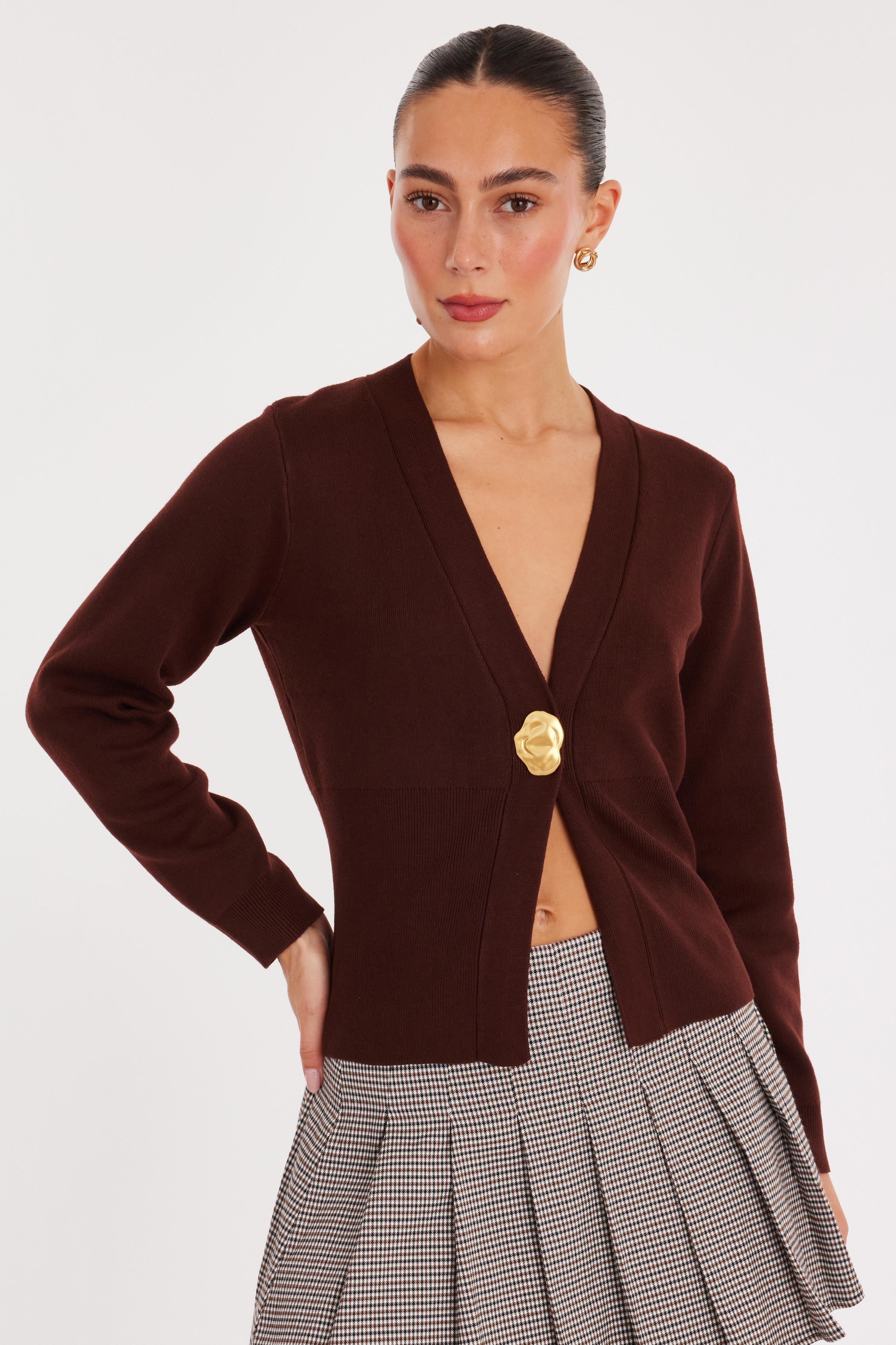 Brown Button Long Sleeve Cardigan by QUIZ