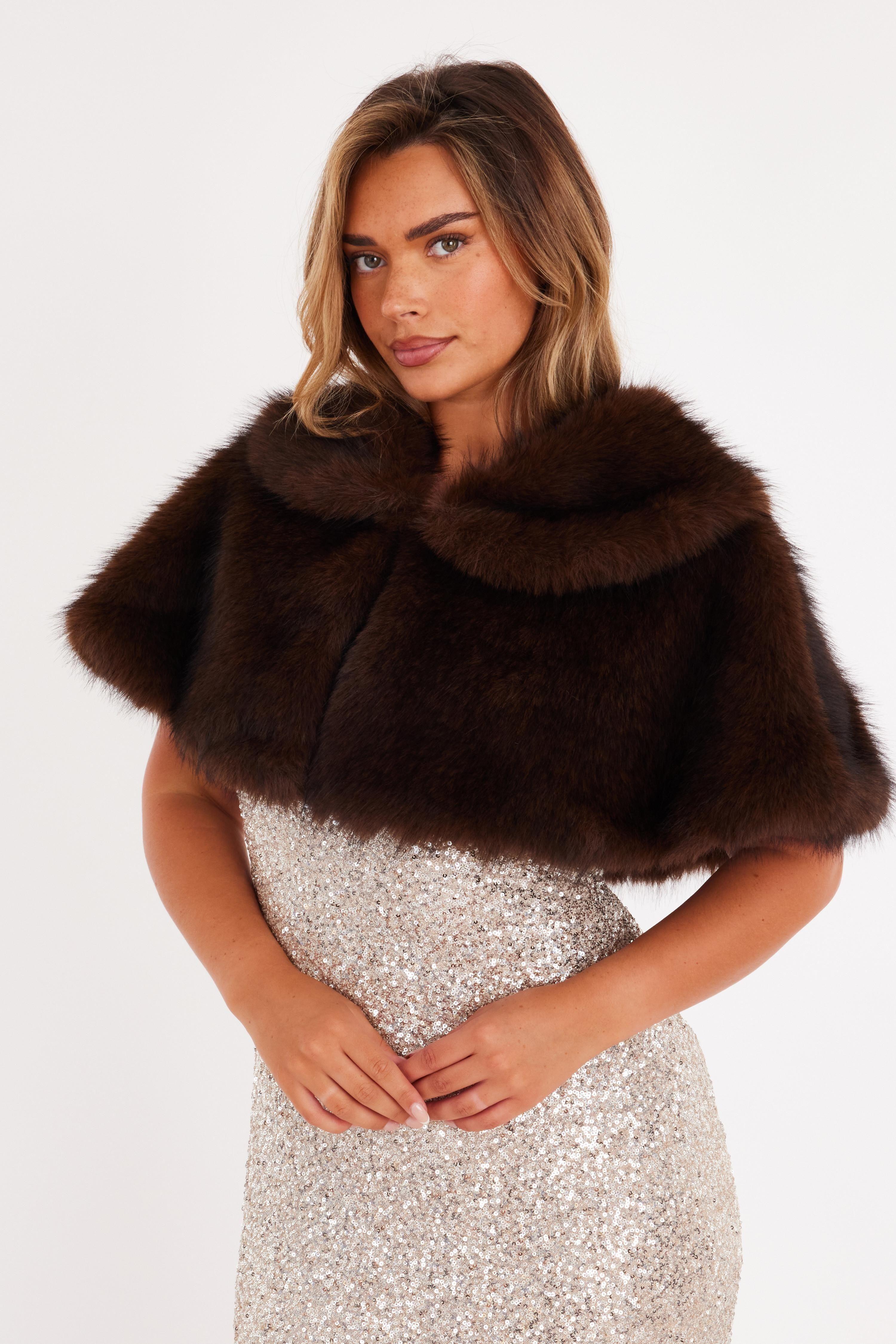 Brown Collared Faux Fur Wrap by QUIZ