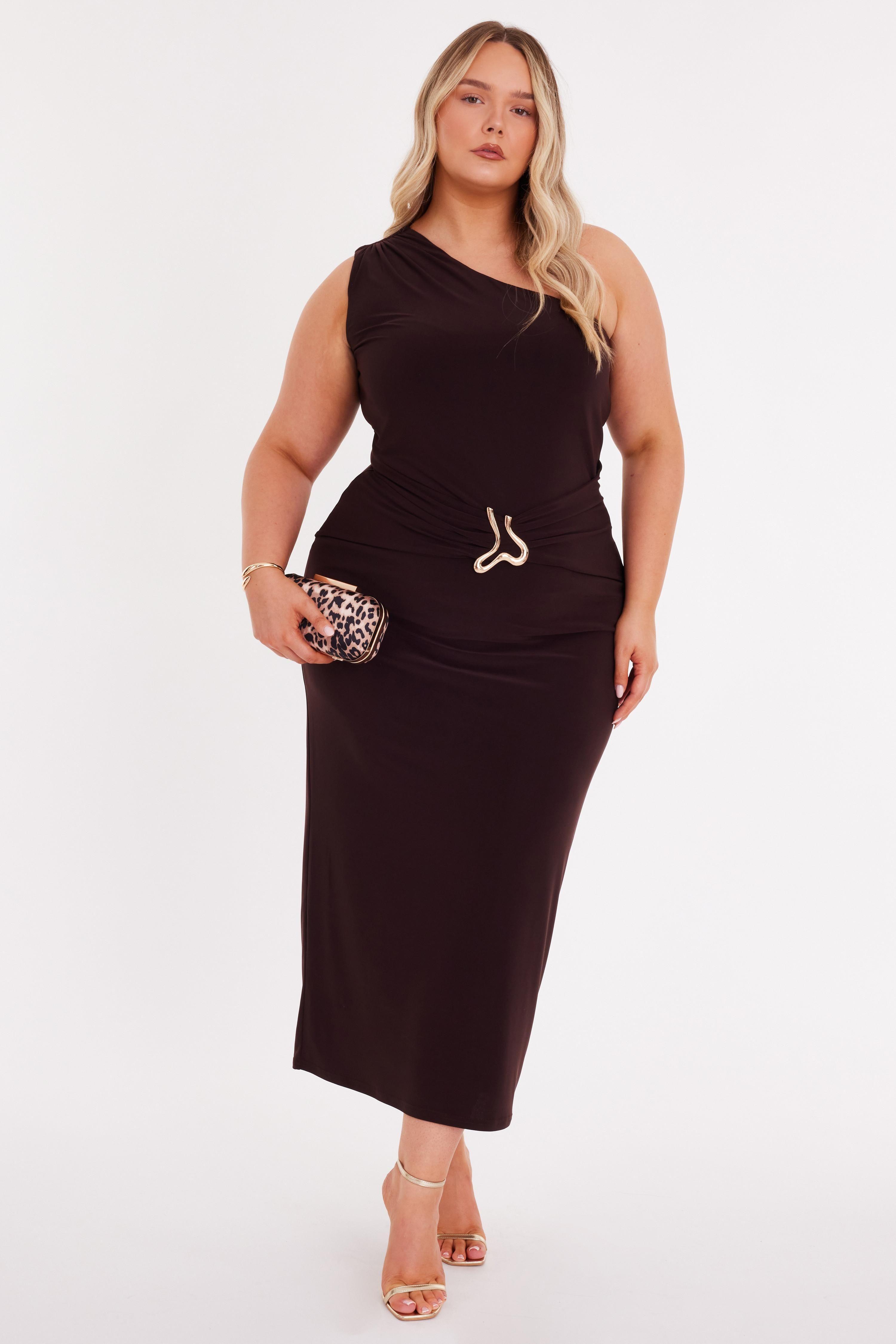 Brown Curve One Shoulder Ruched Dress by QUIZ