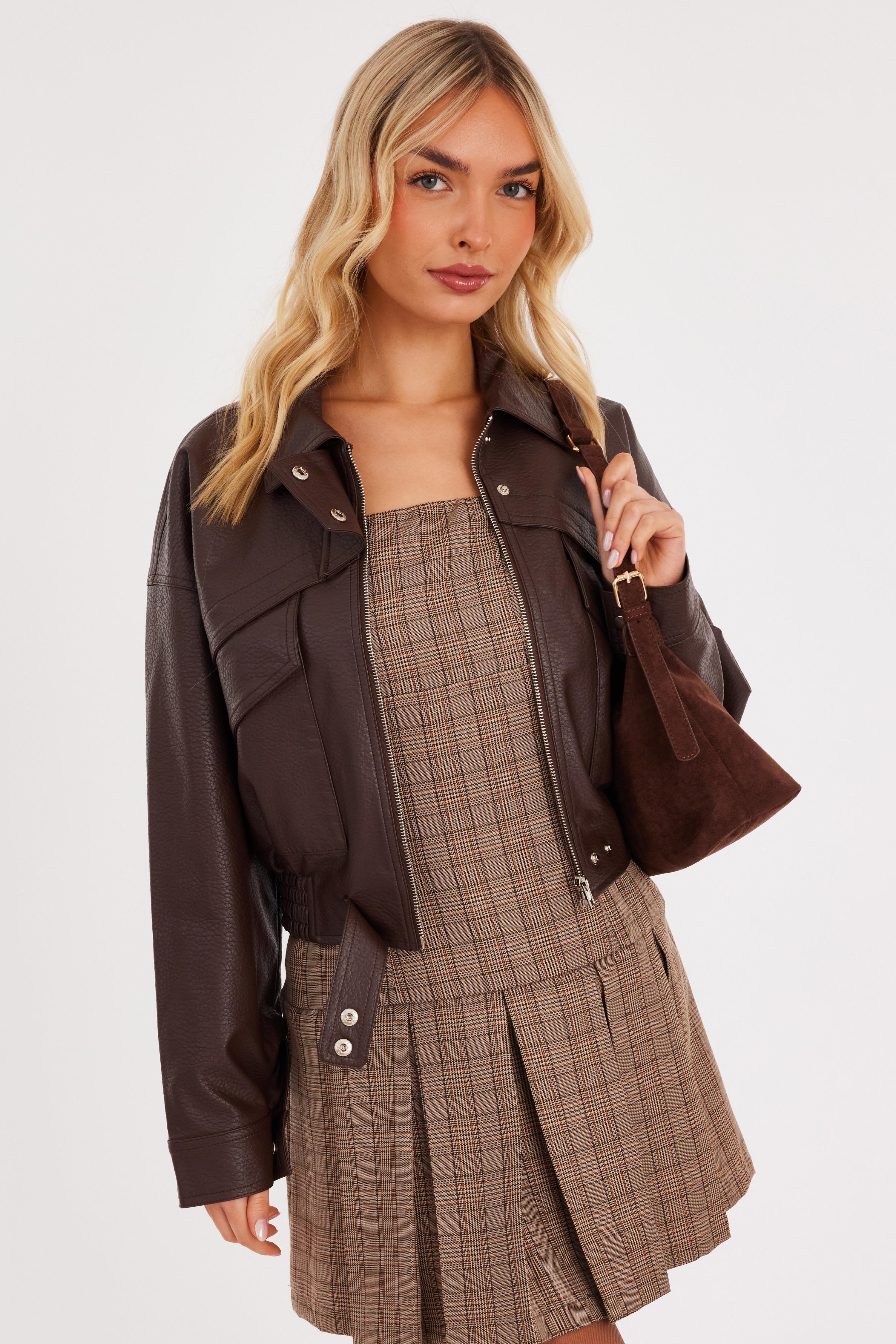 Brown Faux Leather Cropped Bomber Jacket by QUIZ