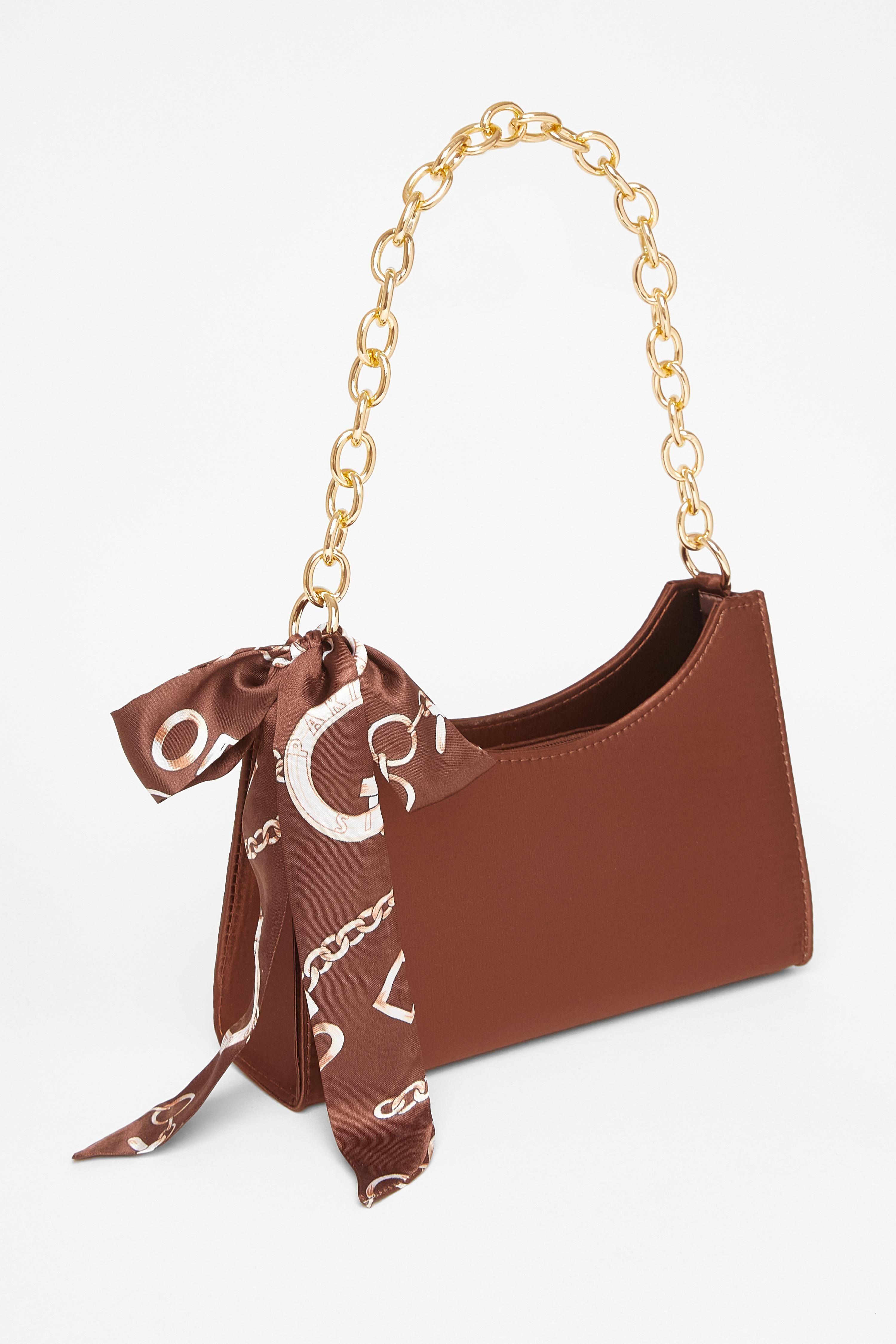 Brown Satin Chain Shoulder Bag by QUIZ