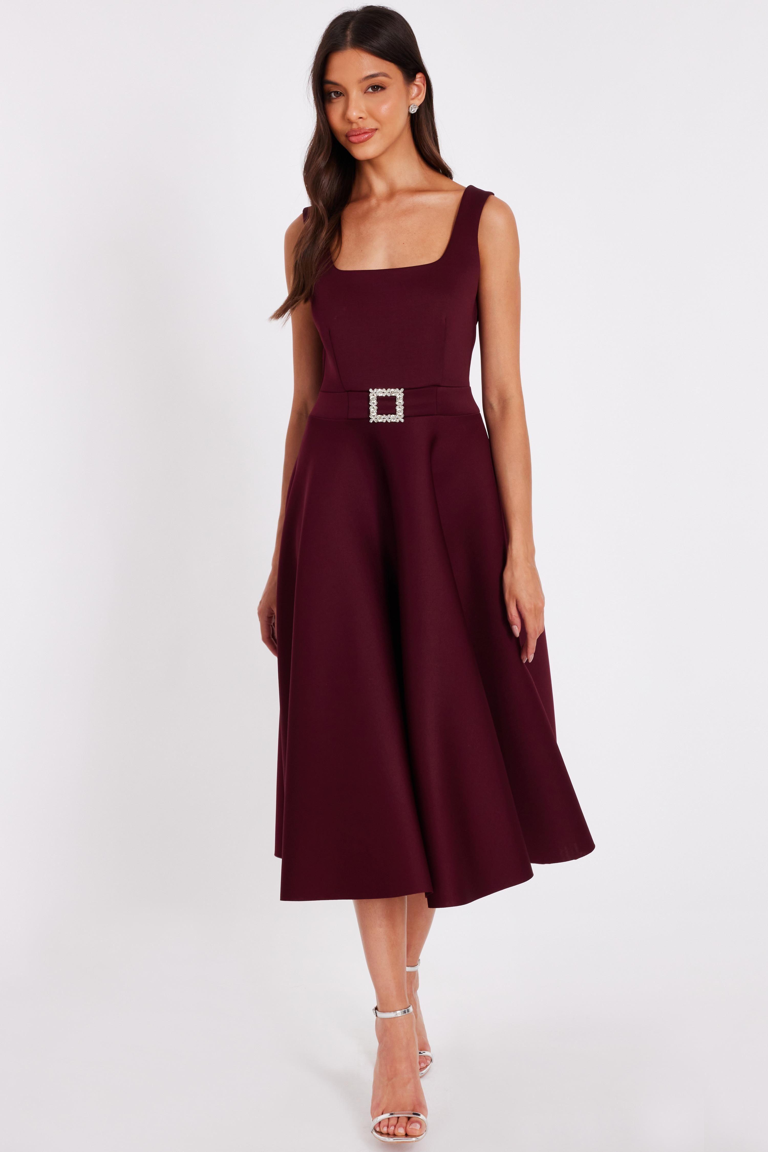 Burgundy Buckle Front Skater Dress by QUIZ
