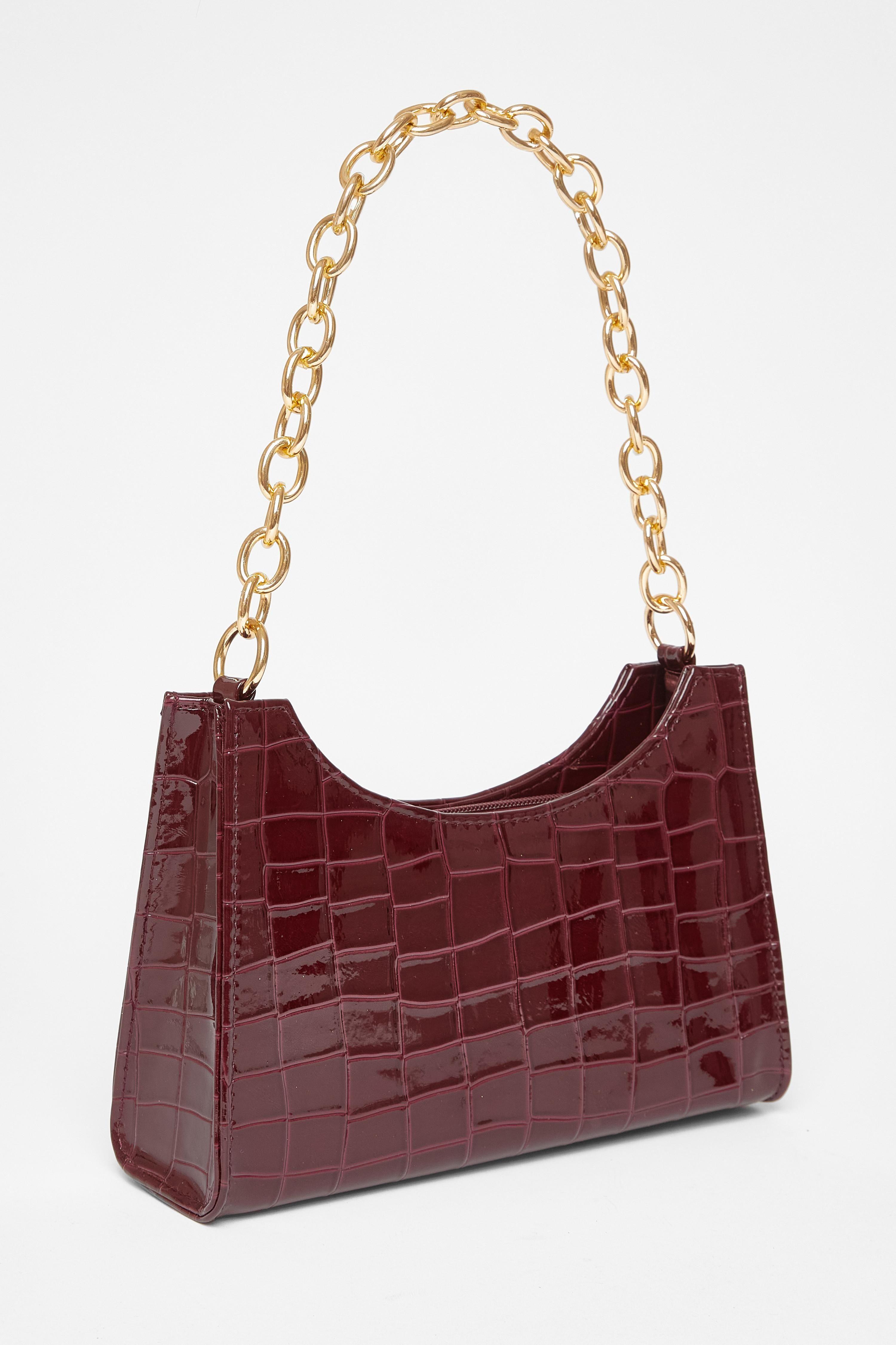 Burgundy Croc Chain Strap Shoulder Bag by QUIZ